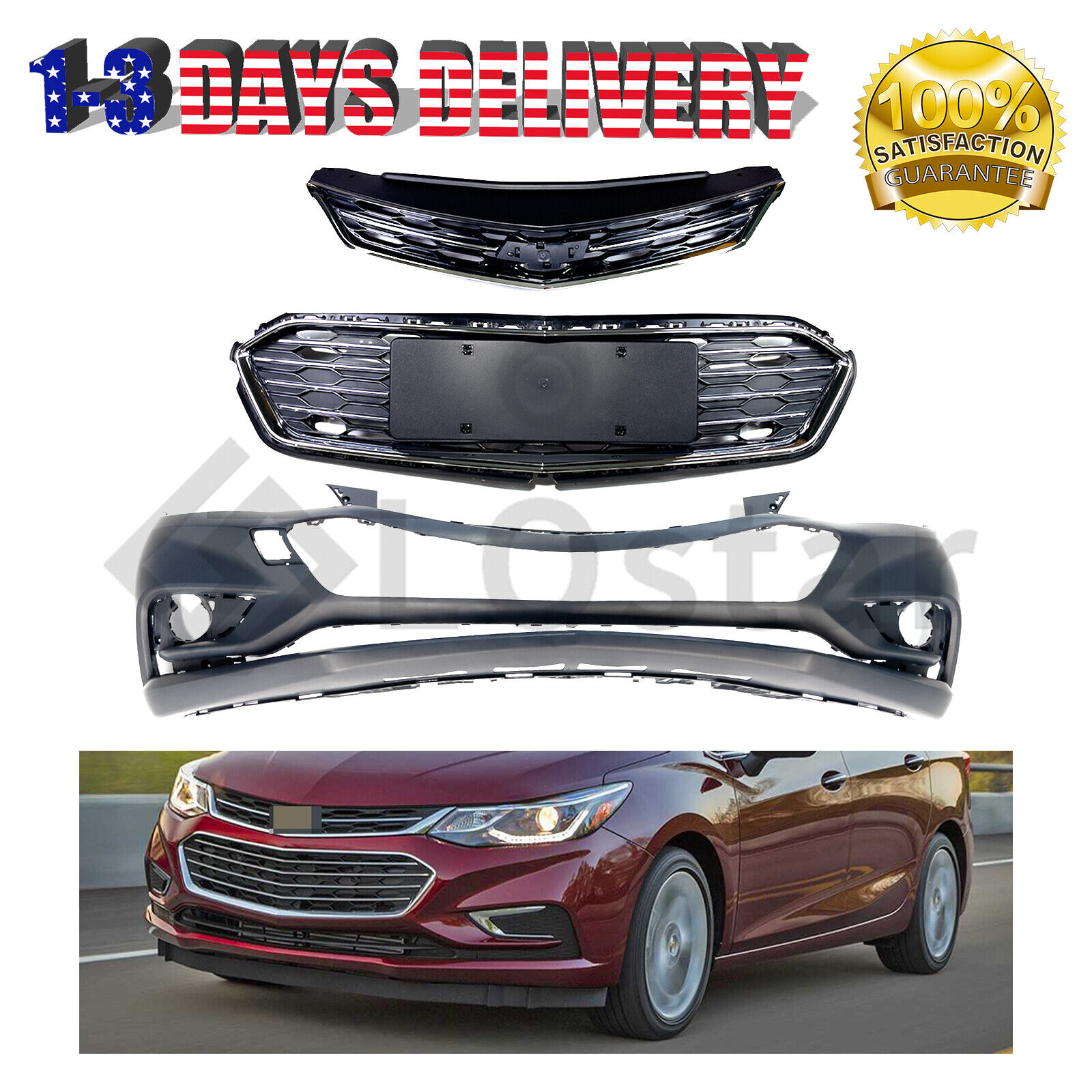 Front Bumper Cover & Front Upper and Lower Grille For 2016-2018 Chevrolet Cruze
