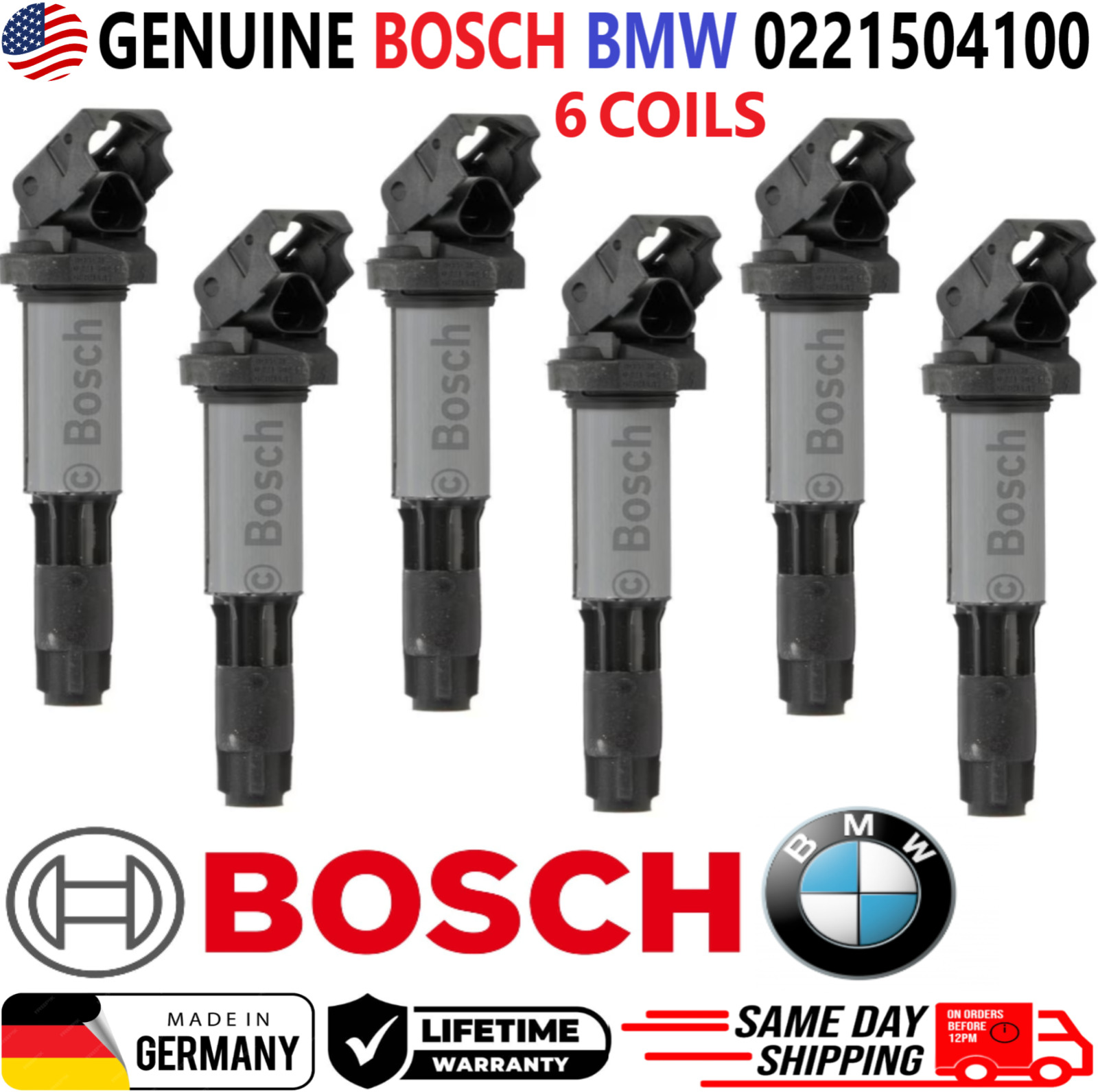 GENUINE BOSCH BMW x6 Ignition Coils For 2001-2010 BMW I4 I6 V8 V12, 0221504100