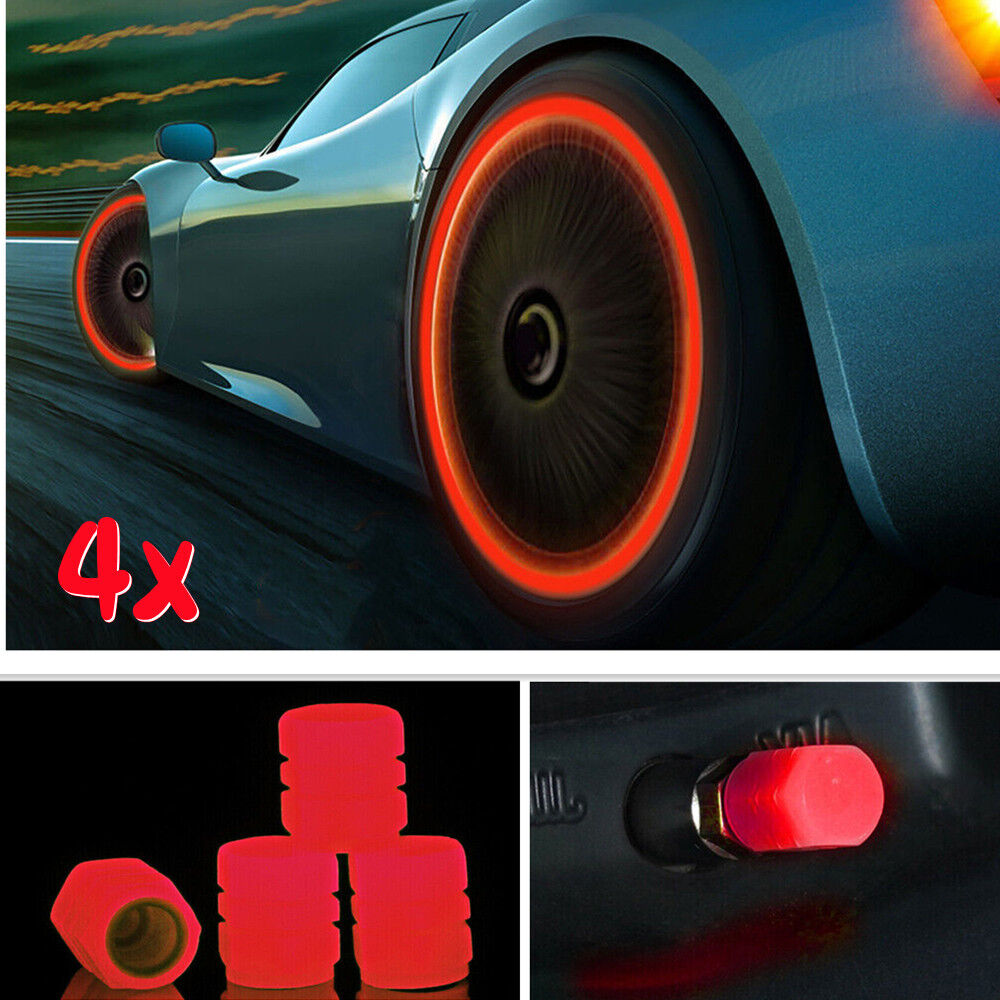 4PCS Red Fluorescent Car Bike Tire Valve Luminous Cap Valve Stem Caps Universal