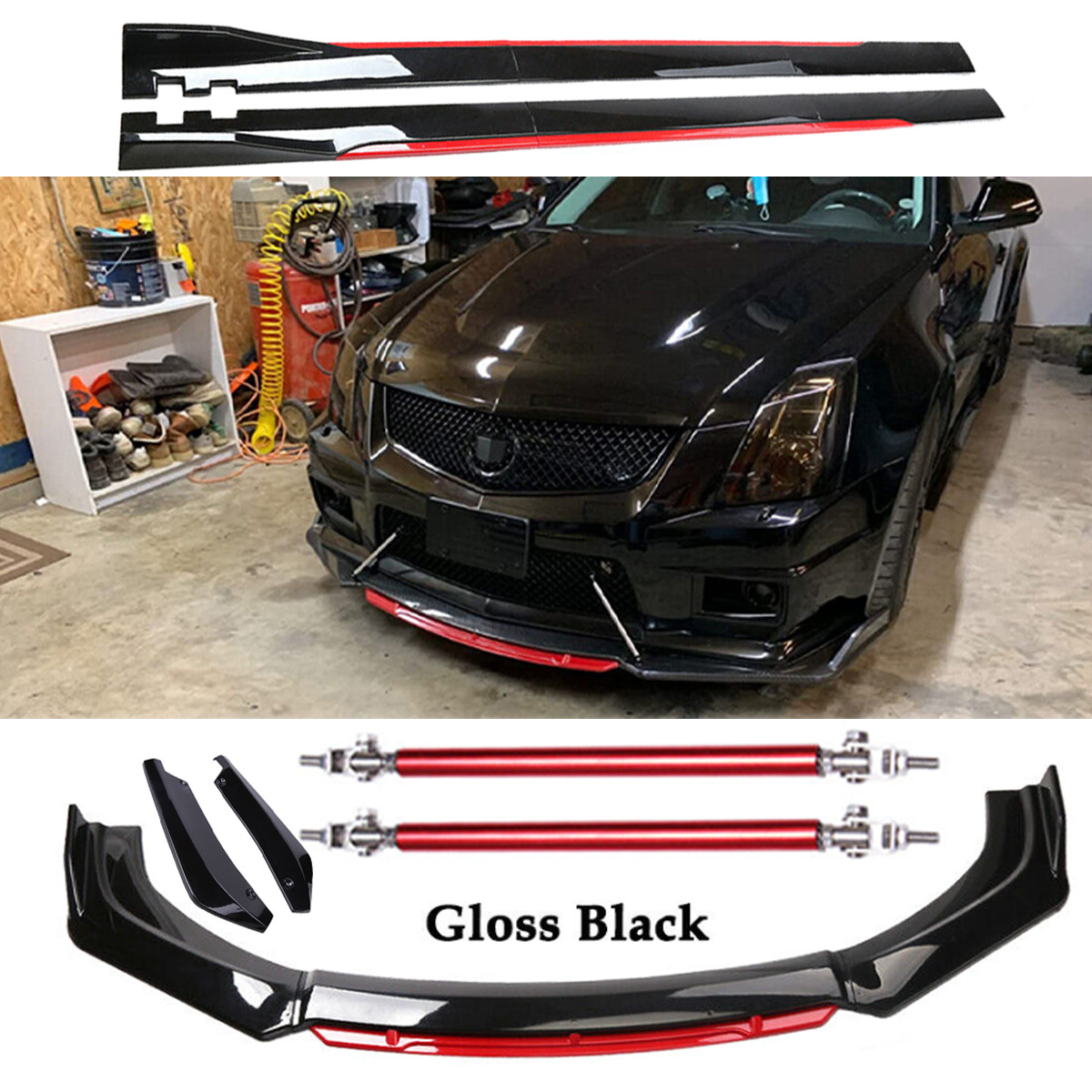 For Cadillac CTS CTS-V Glossy Black Strut Rod Front Bumper Lip Spoiler Splitter