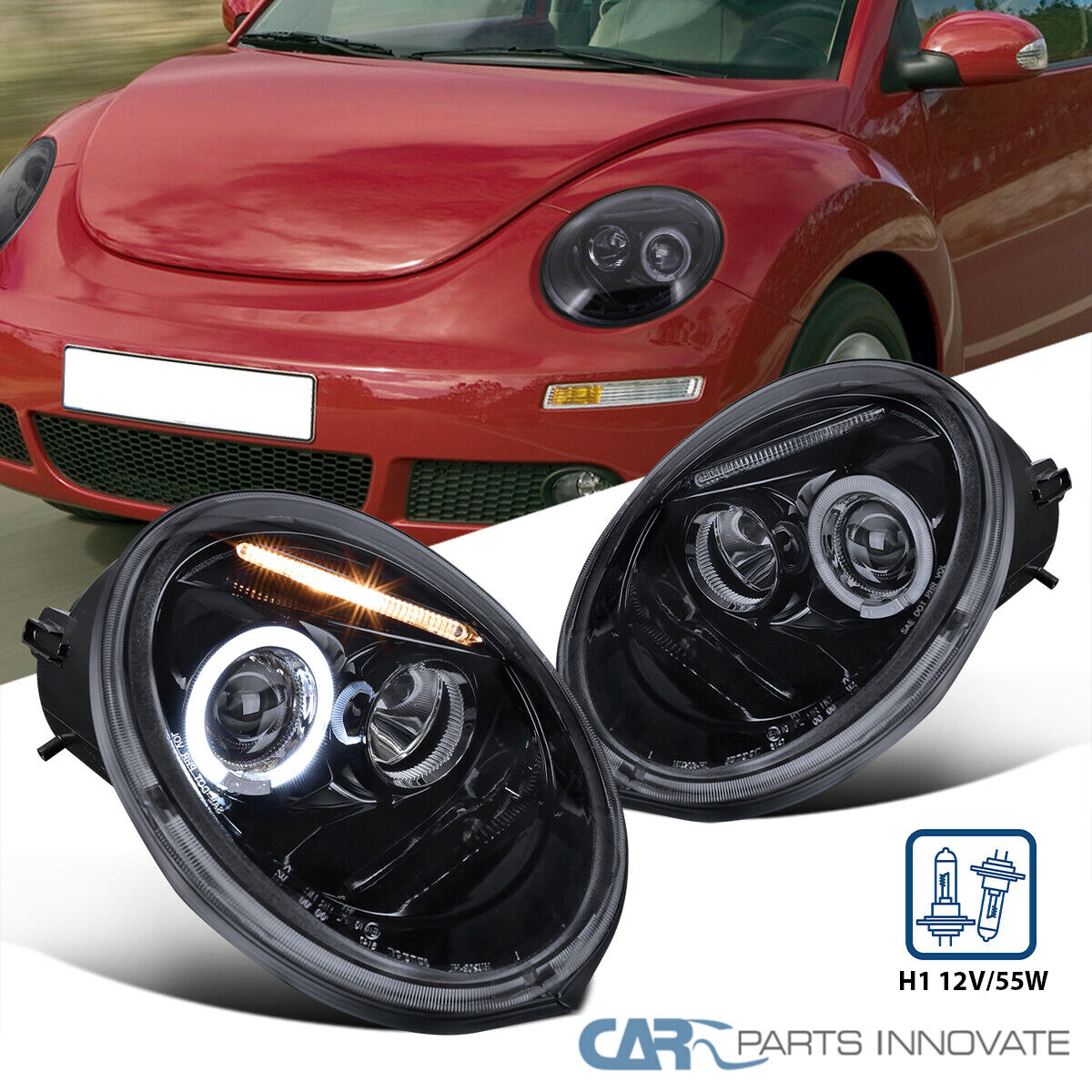 Fits VW 98-05 Beetle Glossy Black Smoke LED Halo Projector Headlights Head Lamps