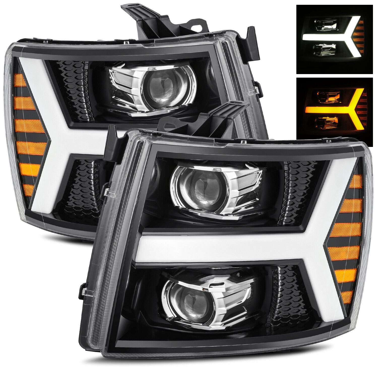 For 07-13 Silverado Switchback LED Tube Polished Black Dual Projector Headlights
