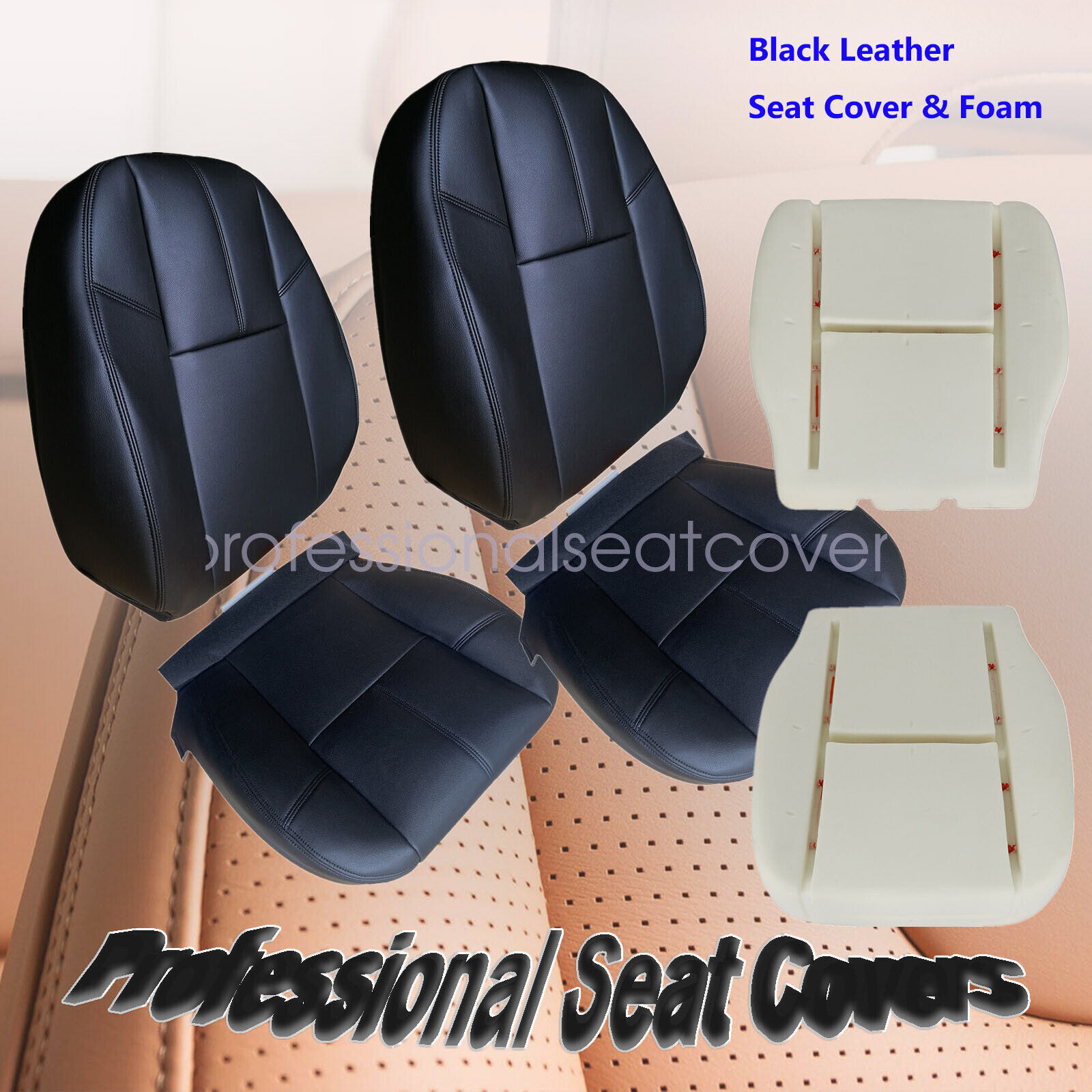 Black Leather Seat Cover + Foam Cushion For 07-14 GMC Sierra Driver & Passenger