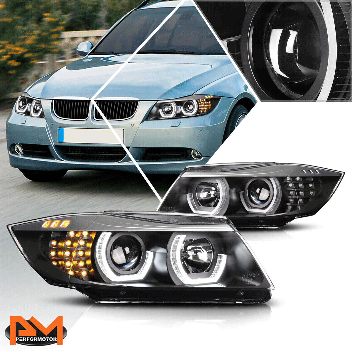 For 09-12 BMW 3-Series E90 LED U-Halo+Turn Signal Projector Headlight/Lamp Pair