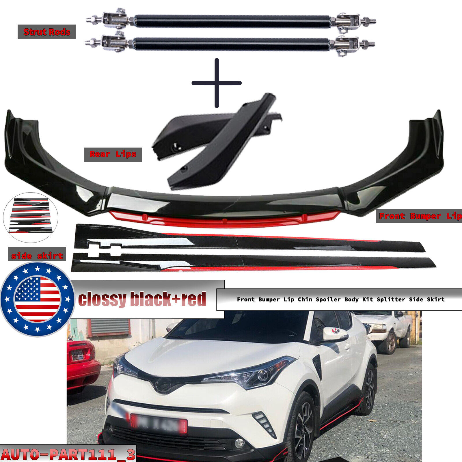 For Toyota CHR 18-22 Front Bumper Lip Chin Spoiler Body Kit Splitter Side Skirt