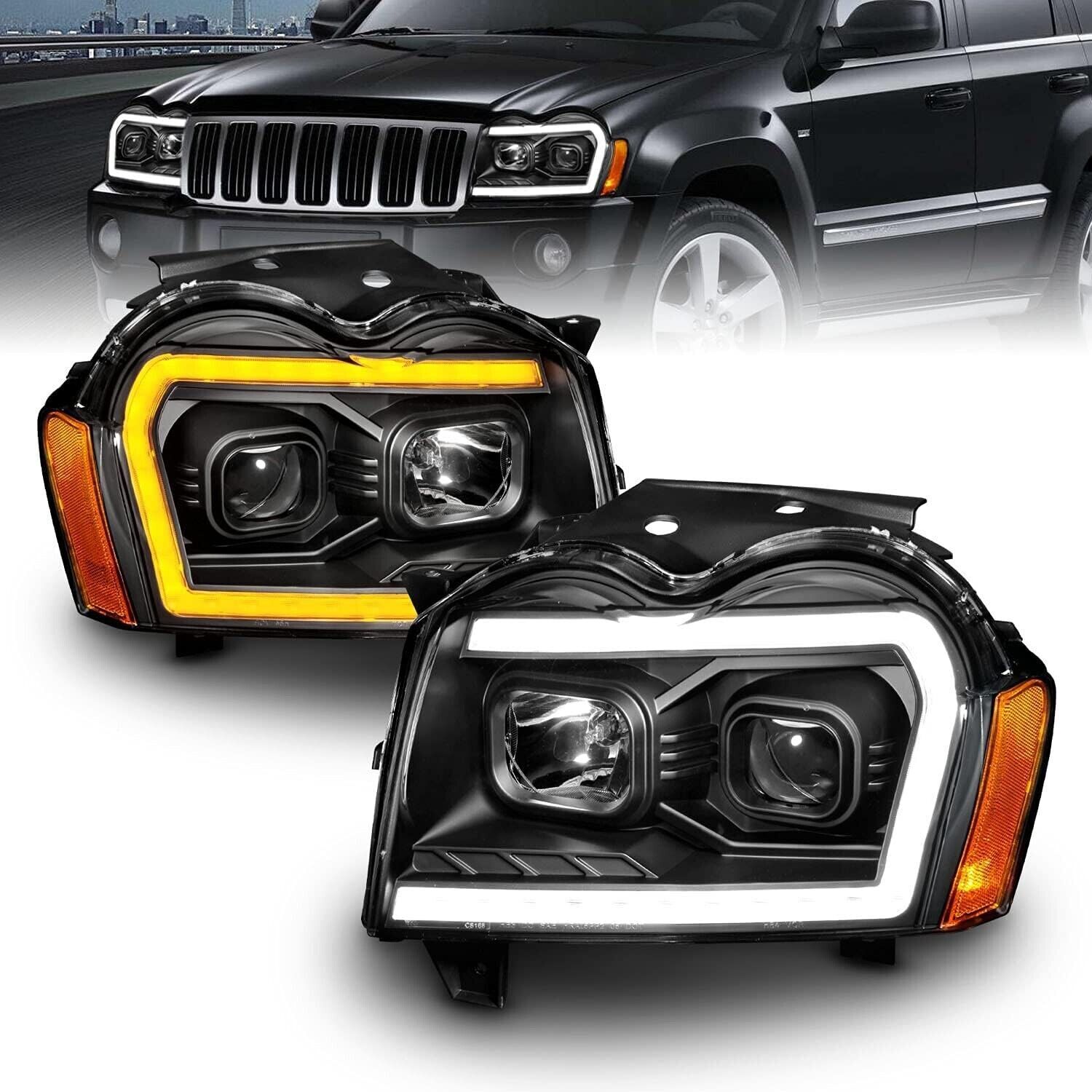 For 2005-2007 Jeep Grand Cherokee Black LED DRL Headlights Headlamps Left+Right