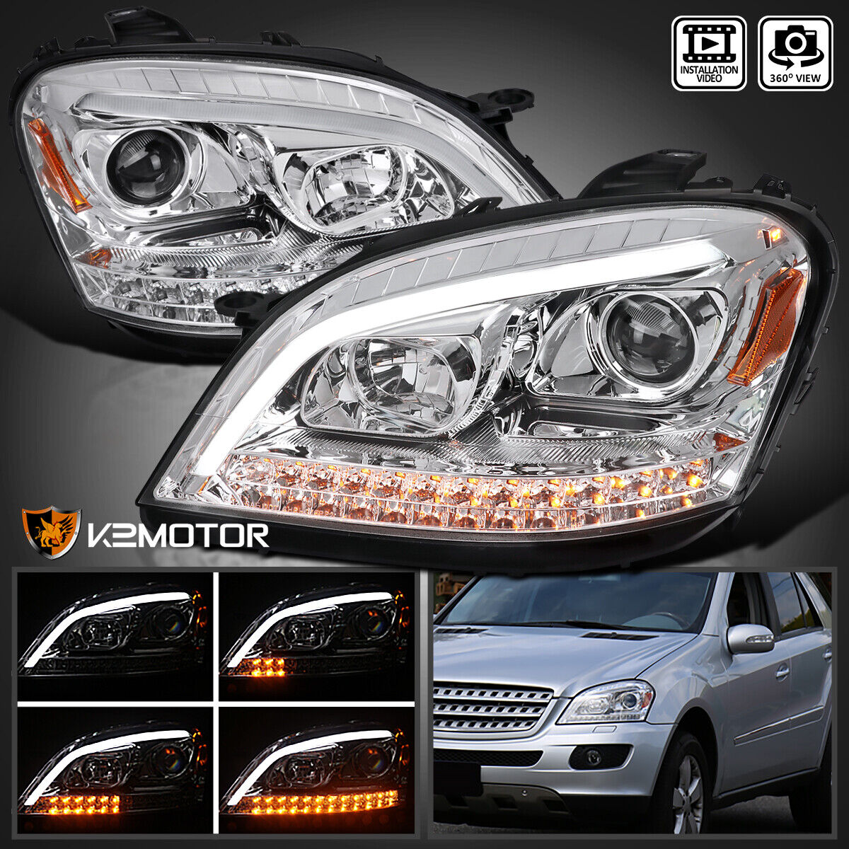 Fits 2006-2008 Mercedes Benz W164 ML320 ML350 LED Strip Projector Headlights