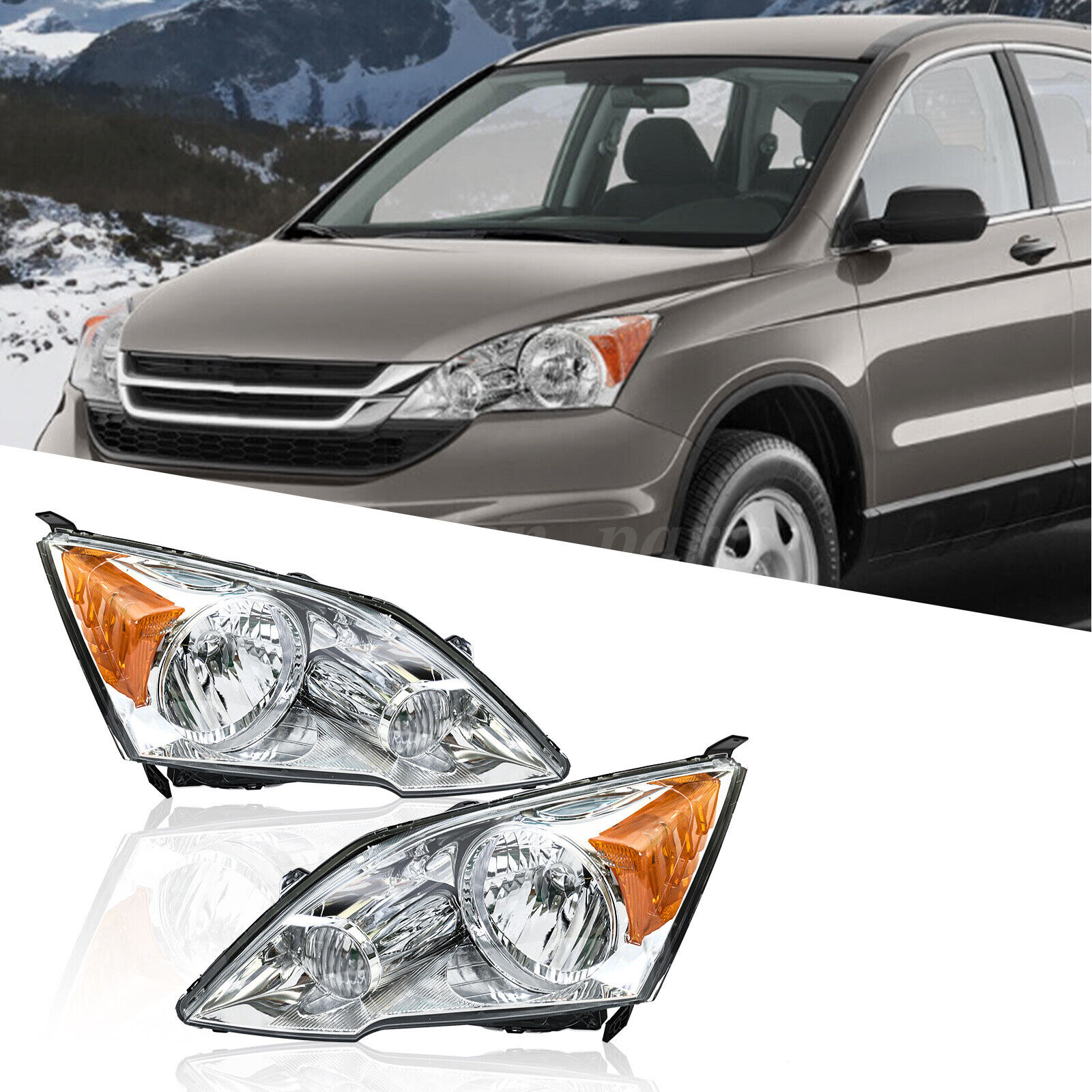 Fits 2007-2011 Honda CRV CR-V Chrome Headlights Assembly Amber Lamps Pair Set