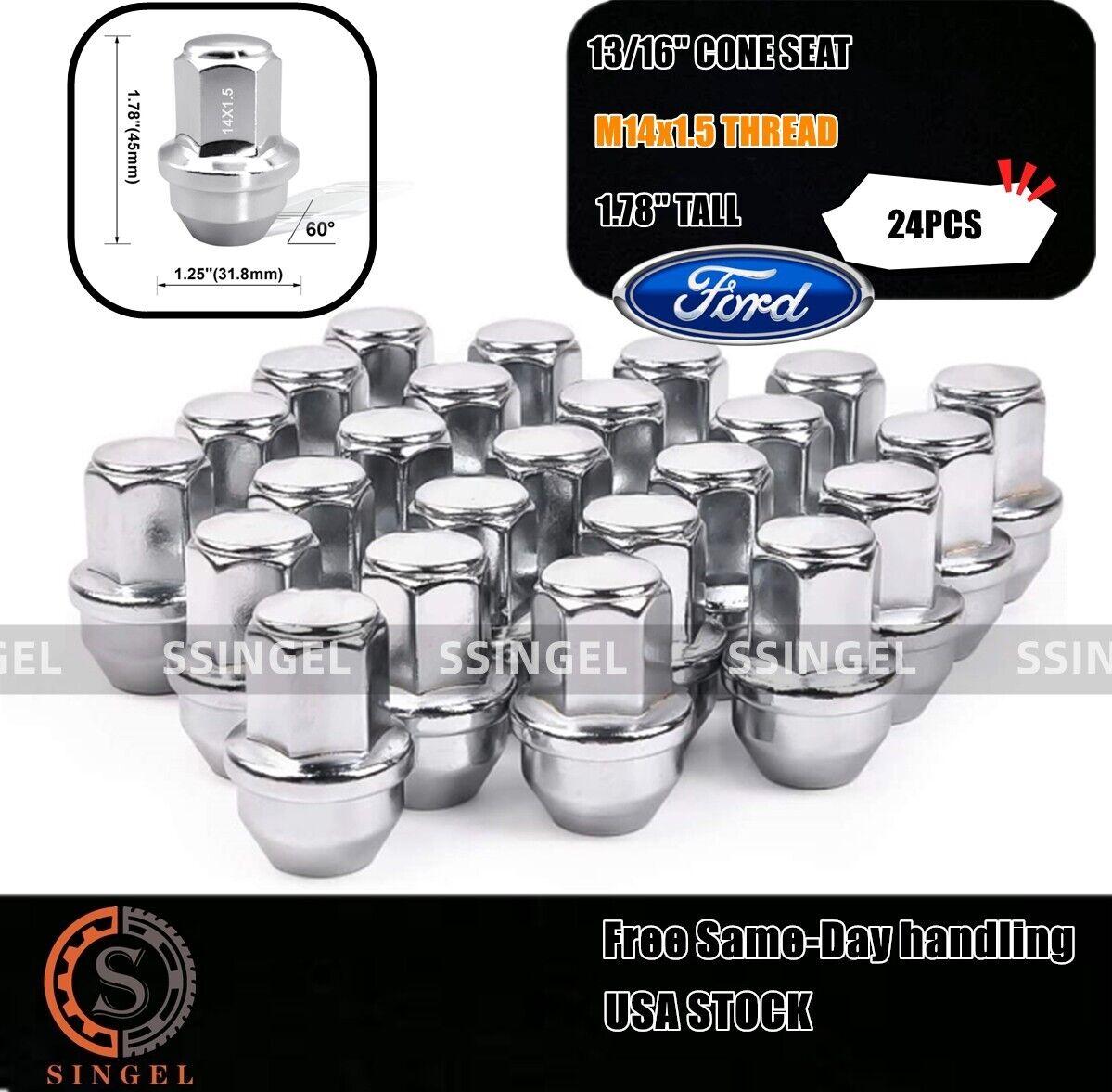 (24)FIT FORD F-150 2015-2020 OEM REPLACEMNT SOLID LUG NUTS 14X1.5 THREAD CHROME