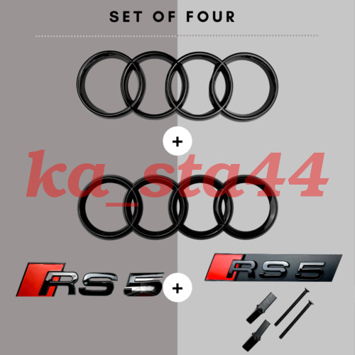 Audi RS5 Gloss Black Set Kit of Front Rings Badge Grille Boot Lid Trunk Emblem