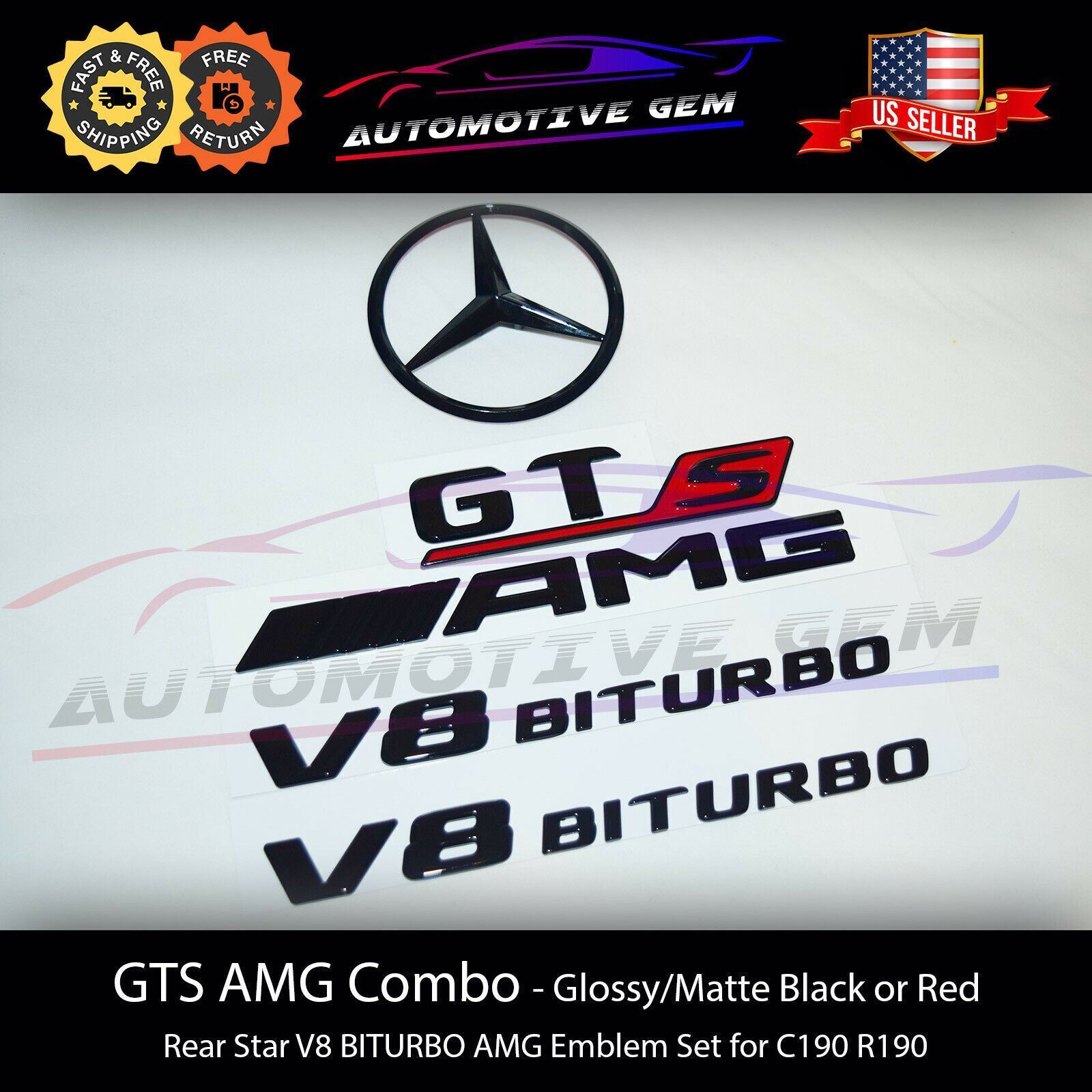 GTS AMG V8 BITURBO Star Emblem Red Black Badge Combo Set for Mercedes C190 R190