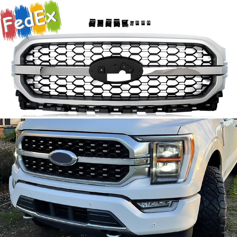 For Ford F-150 F150 2021-2023 Brushed Satin Aluminum+Chrome Front Bumper Grille