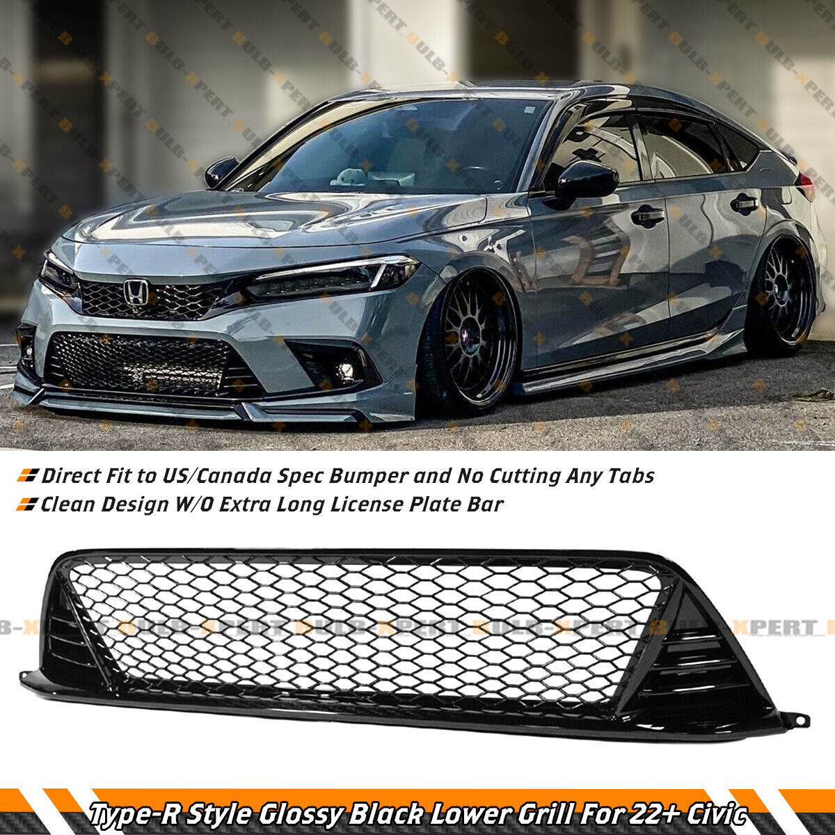 TYPE-R FL5 STYLE GLOSS BLACK FRONT LOWER GRILLE GRILL FOR 2022-2024 HONDA CIVIC