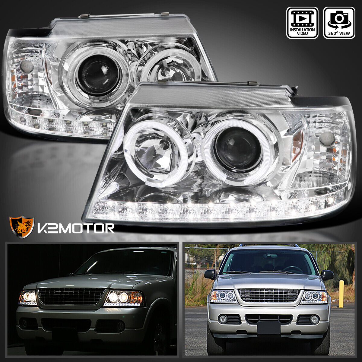 Fits 2002-2005 Ford Explorer LED Strip Halo Projector Headlights Lamp Left+Right