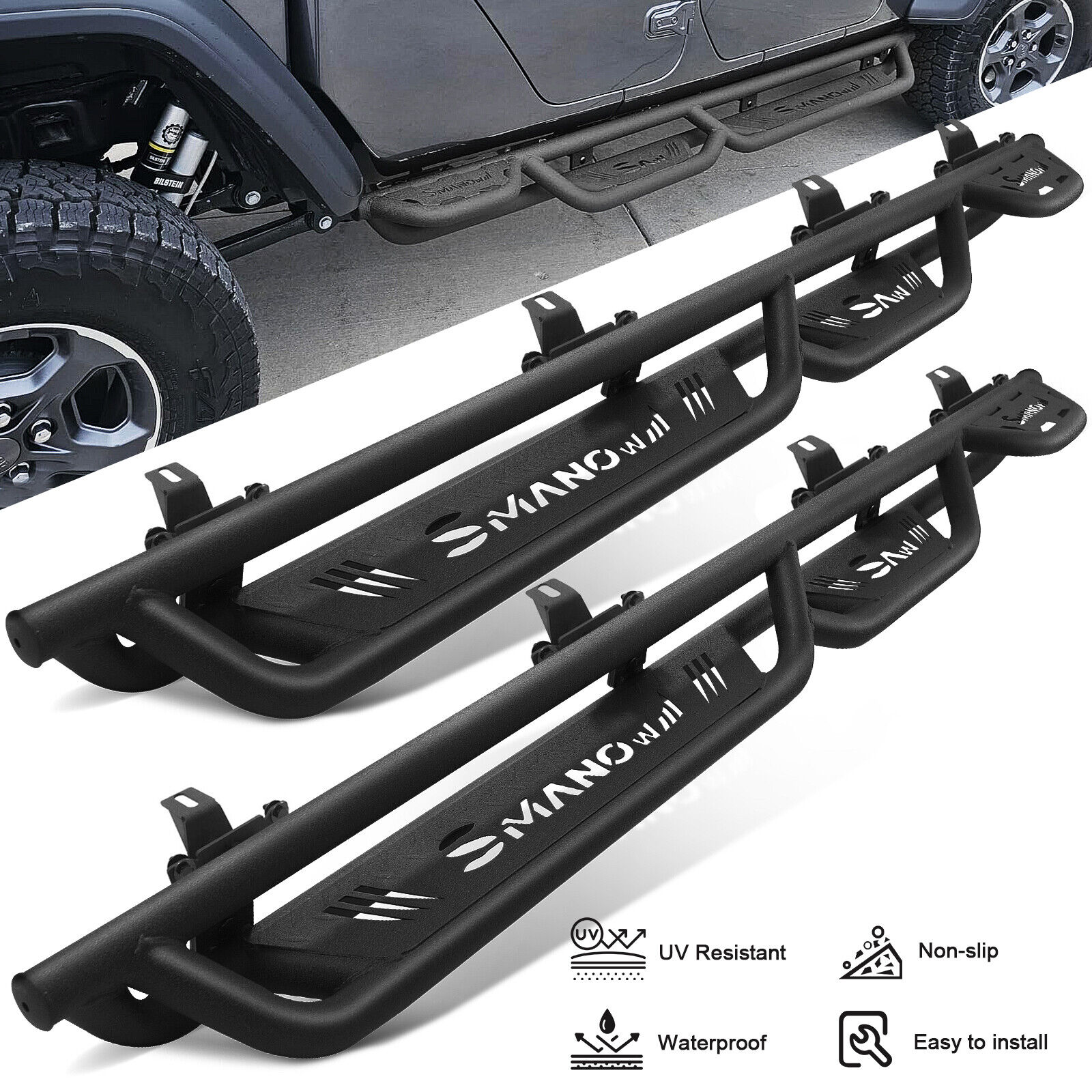For 20-24 Jeep Gladiator JT 4 Door with 3 Drop Steps Running Boards Nerf Bars