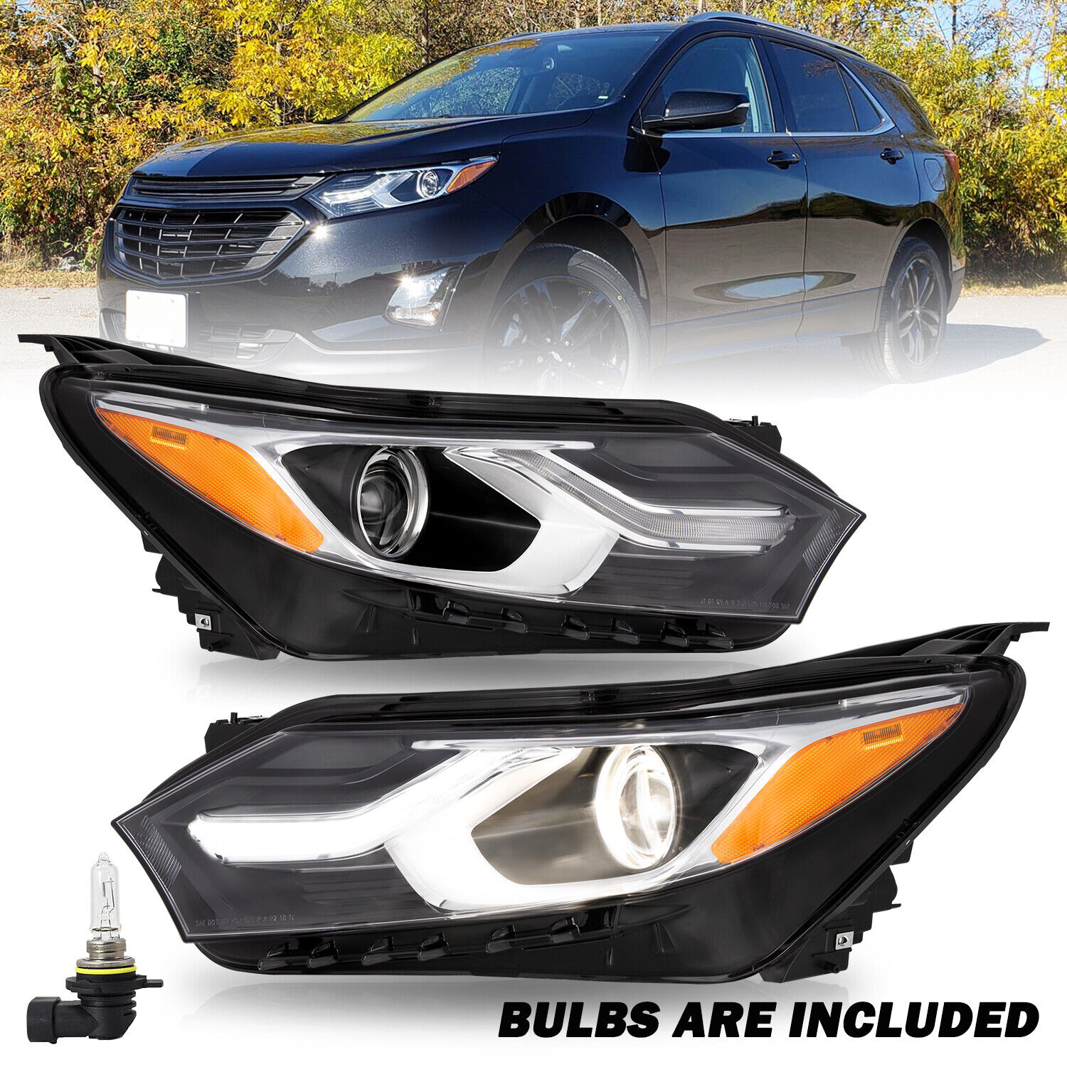 For Chevy Equinox 2018-2020 Halogen Projector Headlights Headlamps w/ LED DRL