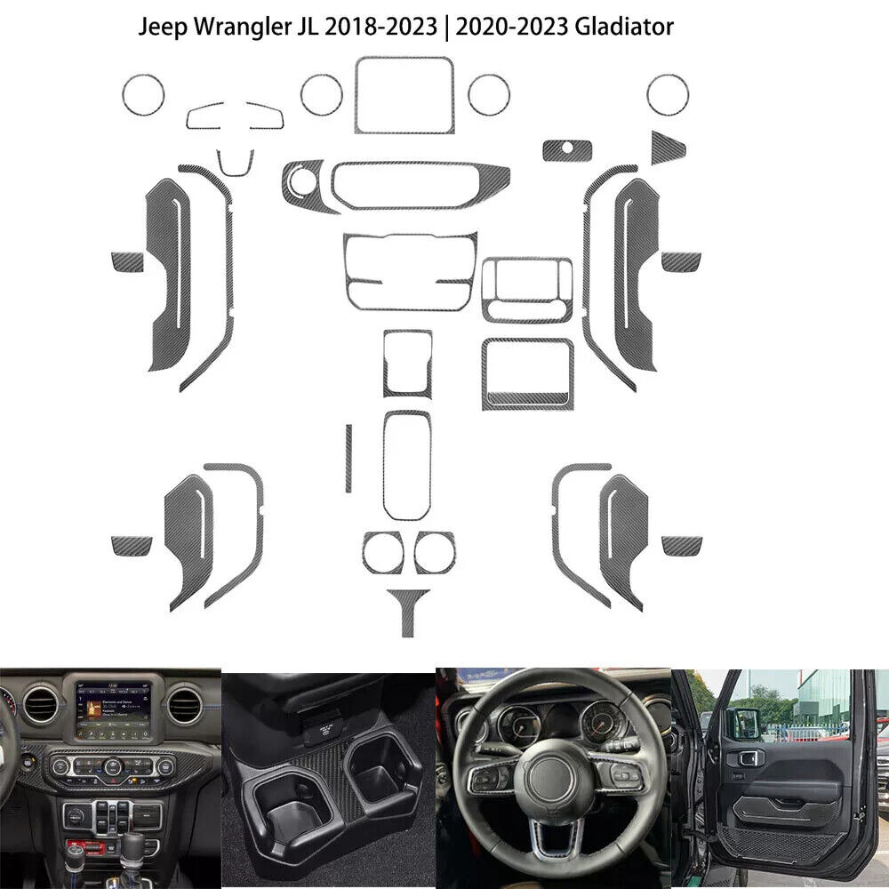 34Pcs For Jeep Wrangler JL Gladiator Carbon Fiber Interior Full Kit Trim Cover
