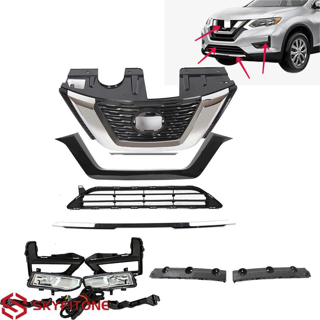 Fits 2017-2019 Nissan Rogue S/SV Front Upper Lower Grille and Foglights Set 8pcs