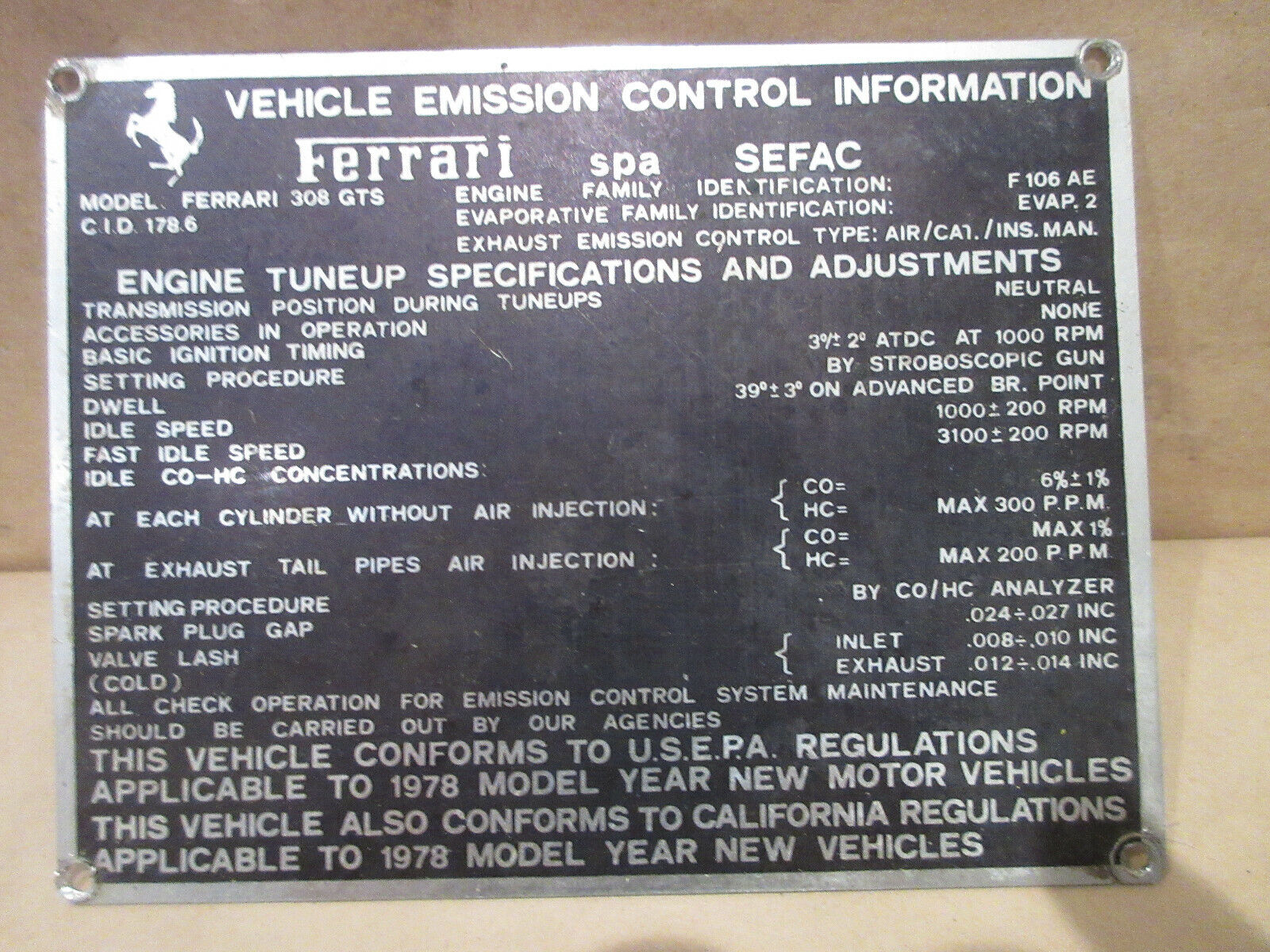 Ferrari 308 GTS Vehicle Emission Control Information Plate
