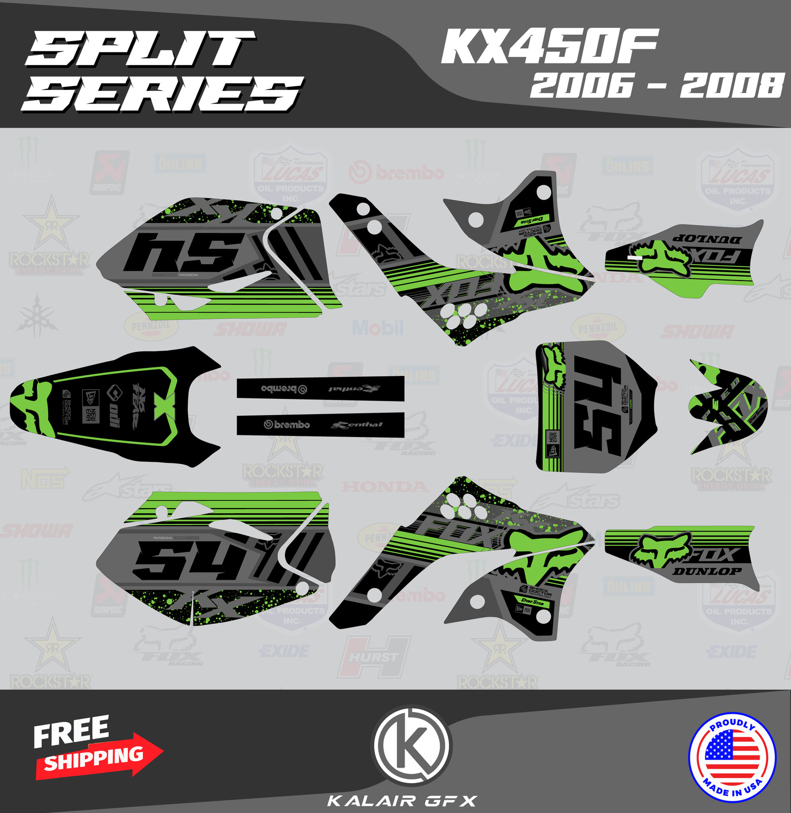 Graphics Kit for Kawasaki KX450F (2006-2008) Split - GREEN-SHIFT