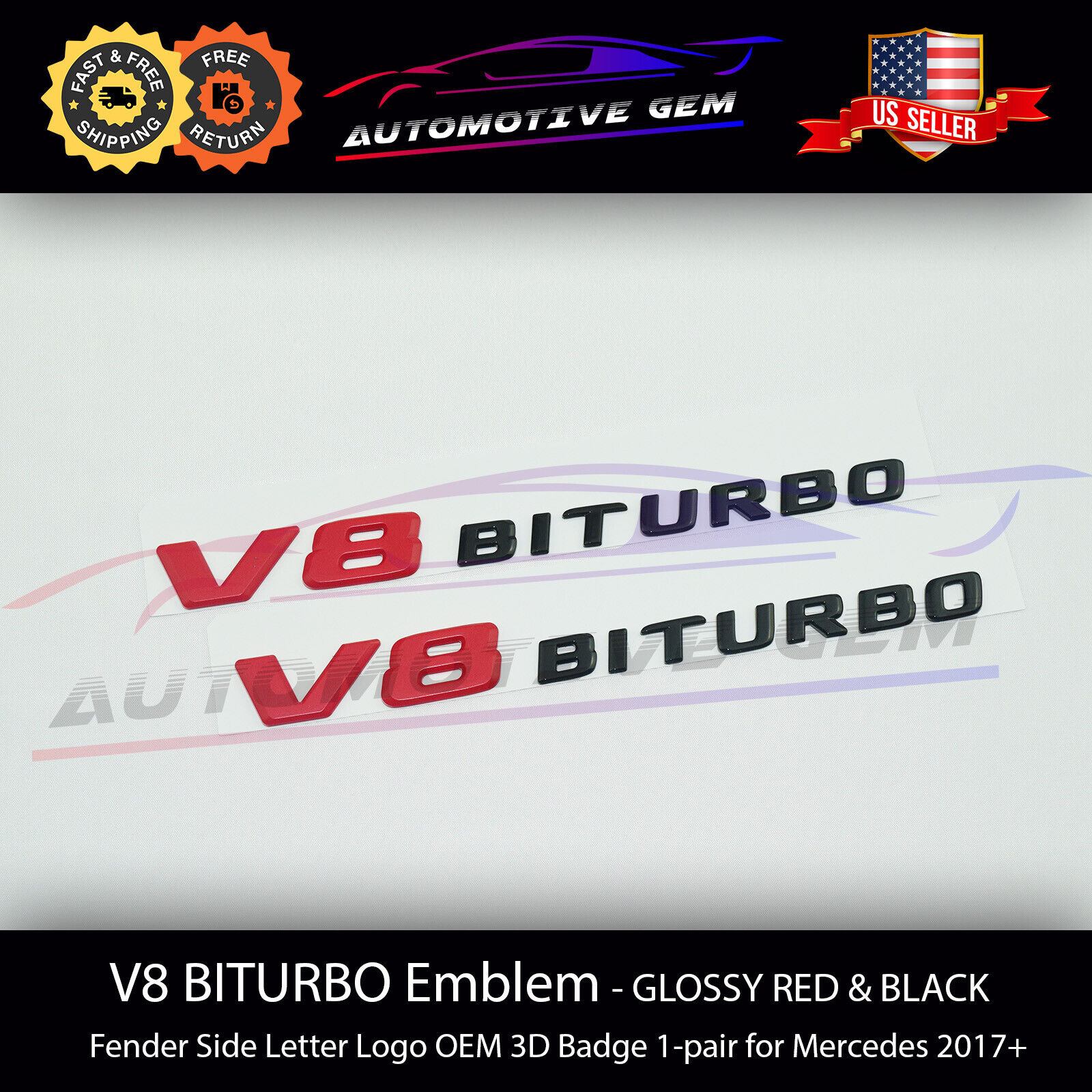 V8 BITURBO Fender Side AMG Emblem Red Black Logo Badge Mercedes C63 E63 G63