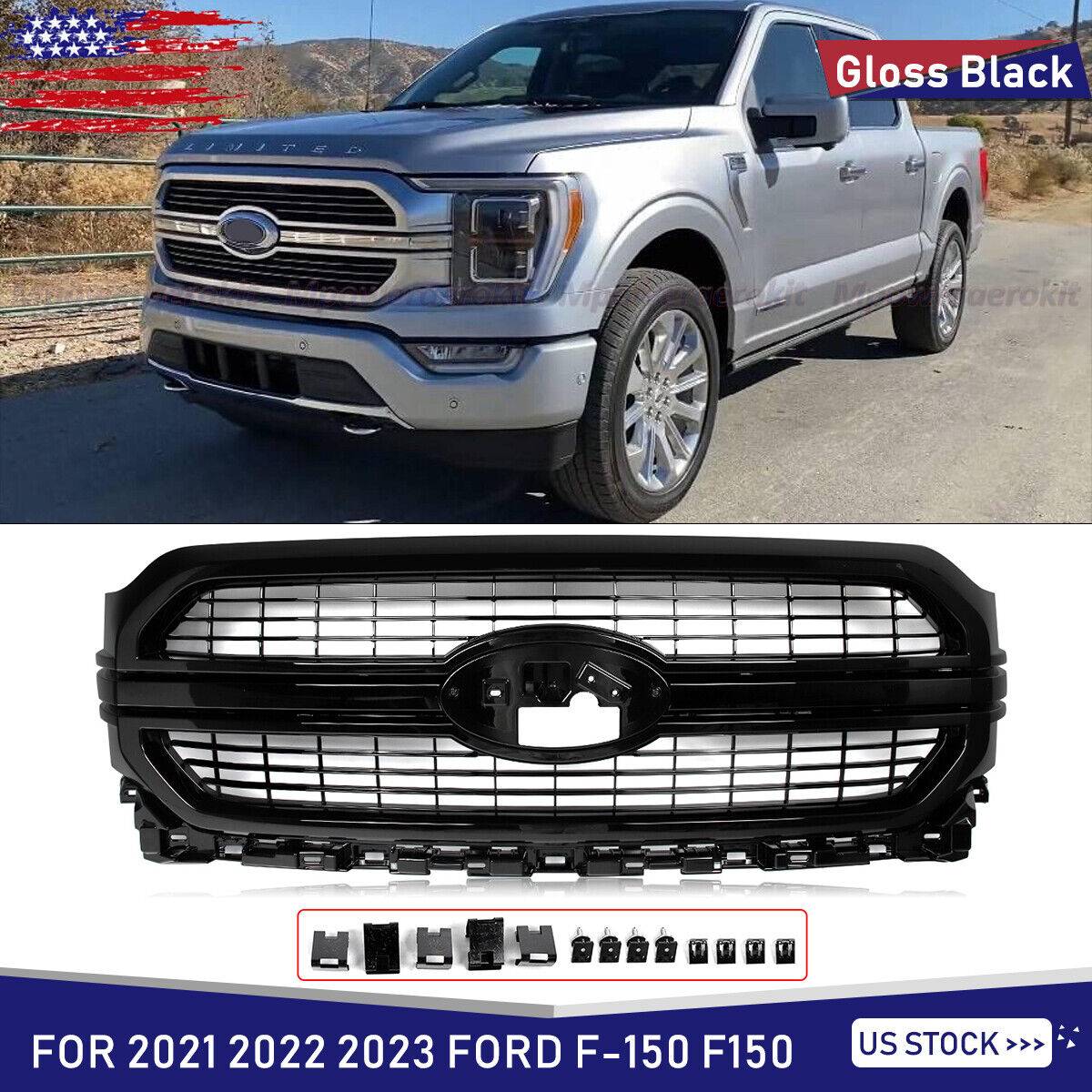 Fits 2021+ Ford F150 F-150 Limited XLT Front Bumper Upper Grille Gloss Black ABS
