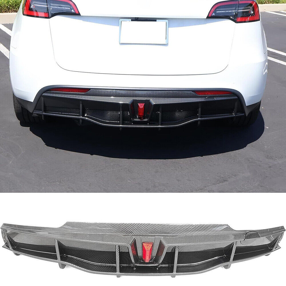 Carbon Fibre Rear Bumper Diffuser Lip With Light Fits For 20-23 Tesla Model Y