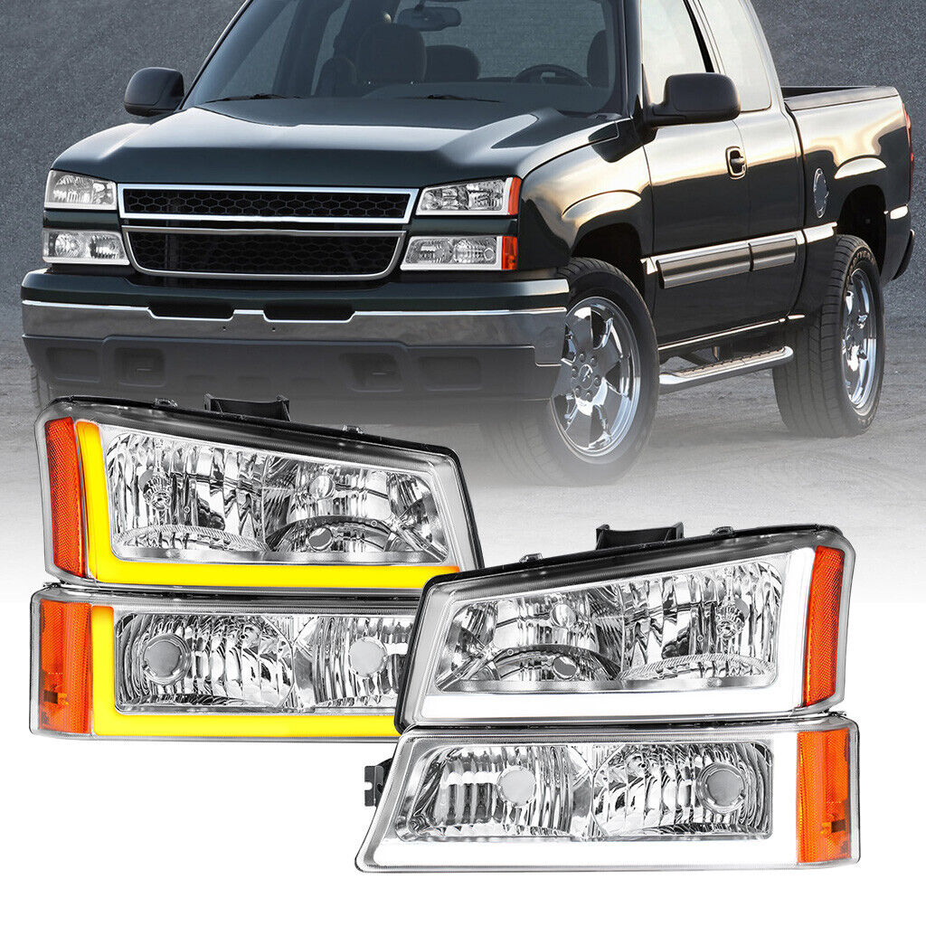 Set LED DRL Chrome Hosing Headlight For 2003-2006 Chevy Silverado 1500 2500 3500