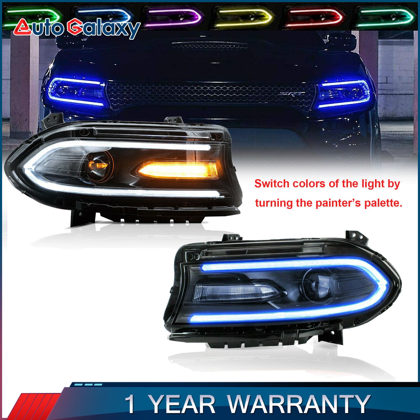 2PCS LED DRL Projector Headlights For 2015-2020 Dodge Charger RGB Color Change