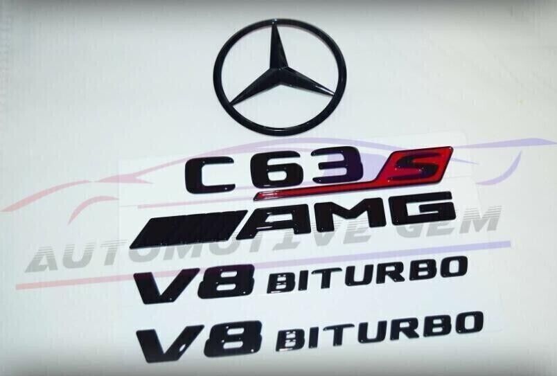 C63S SEDAN AMG V8 BITURBO Rear Star Emblem glossy Black Badge Combo Set Mercedes
