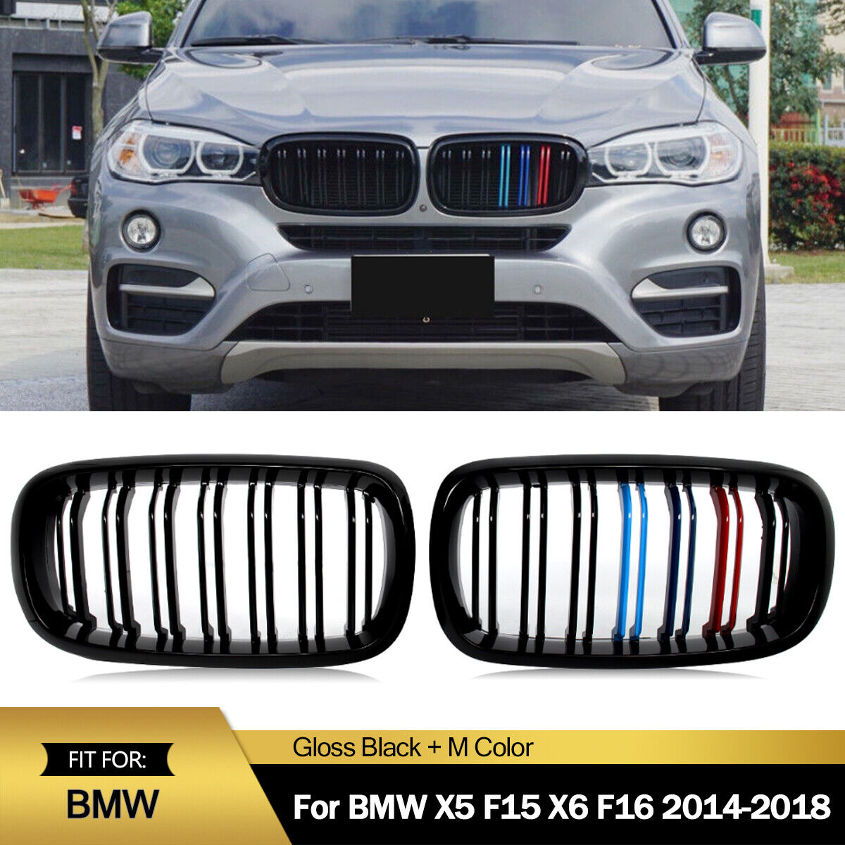 Gloss Black M Color Front Kidney Grille Grill For BMW X5 F15 X6 F16 2014-2018