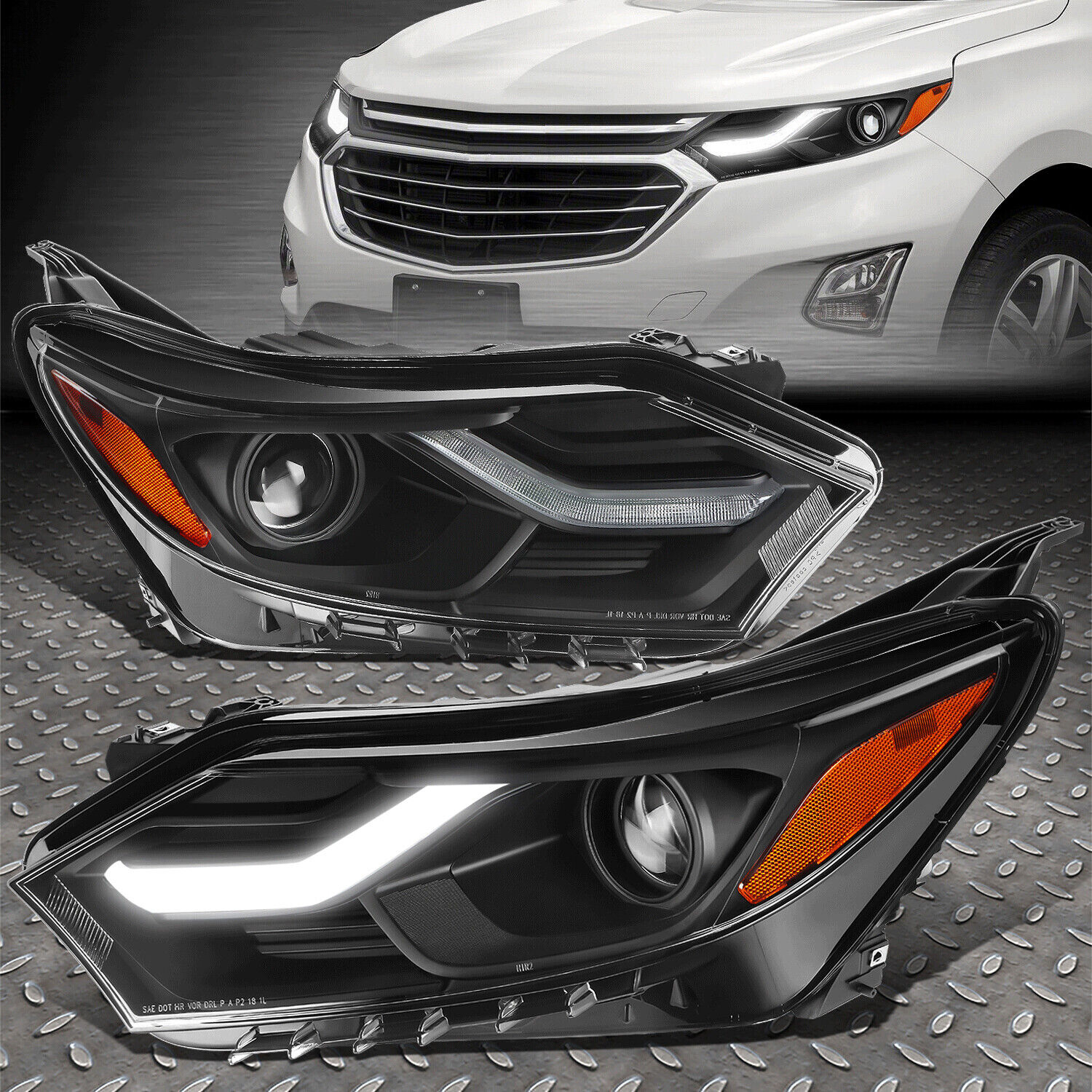 [LED DRL]FOR 18-21 CHEVY EQUINOX BLACK HOUSING AMBER CORNER PROJECTOR HEADLIGHTS
