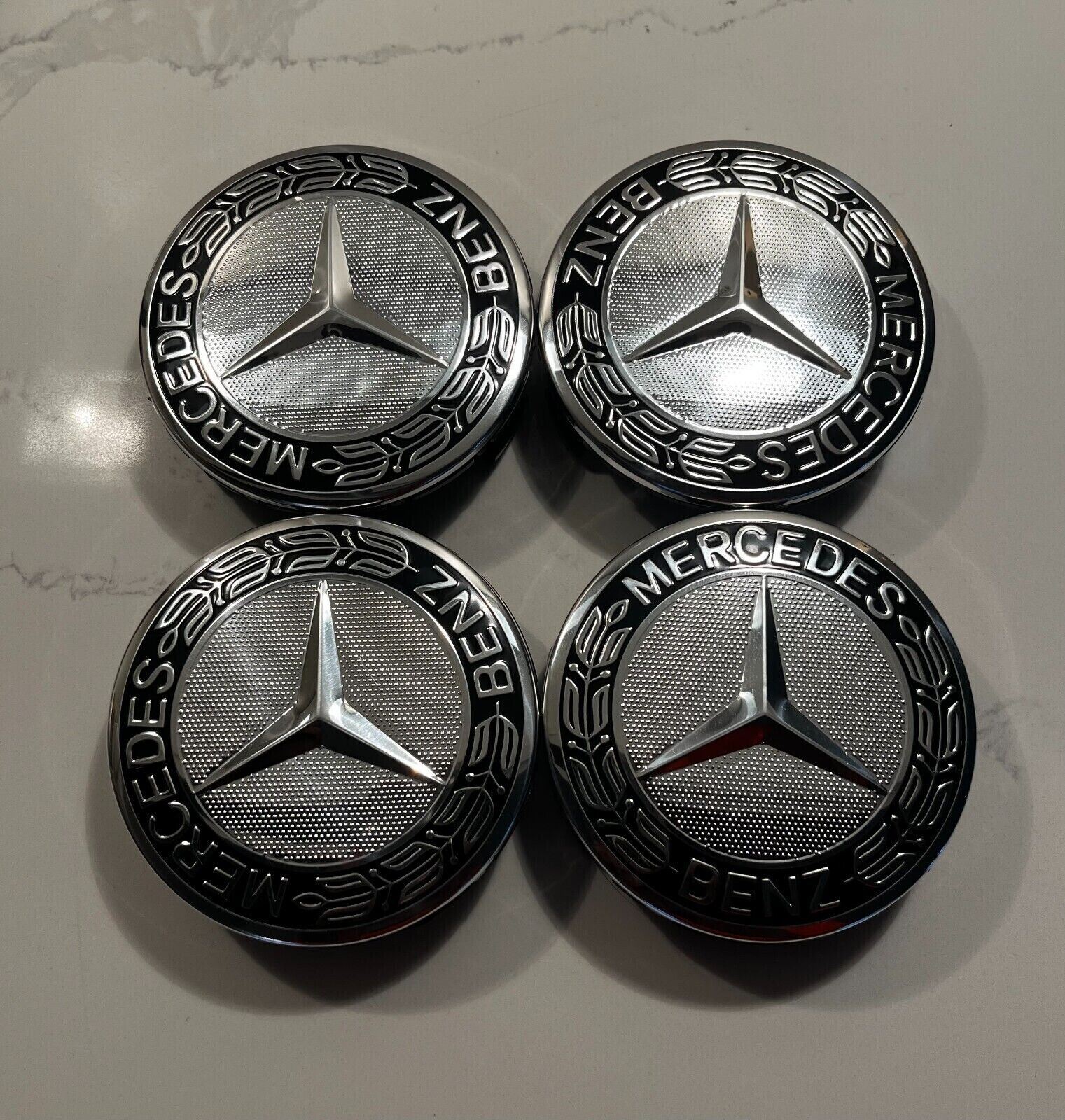 SET OF 4 Mercedes-Benz Silver & Black 75MM Wheel Rim Center Caps AMG WREATH