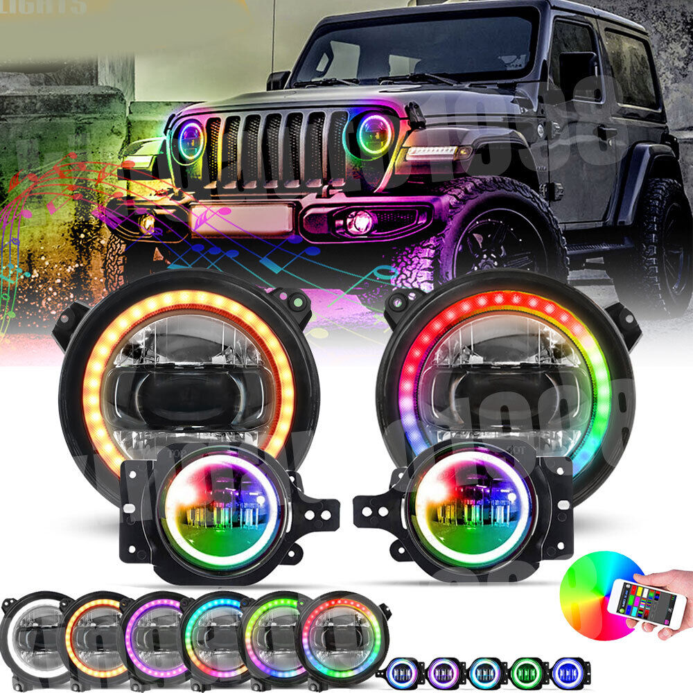 9\'\' RGB LED Headlights + 4\'\' Fog Lights for Jeep Wrangler JL Gladiator JT 2018+