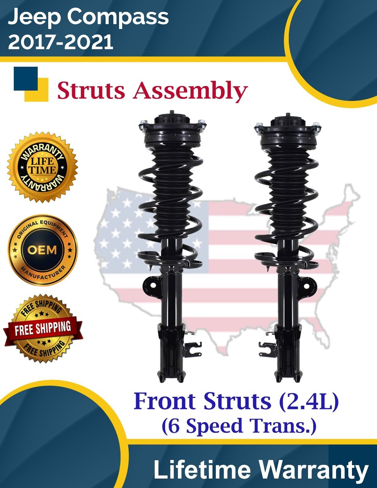 New OE Front Struts For 2017-2021 Jeep Compass 2.4L 6 Speed Lifetime Warranty