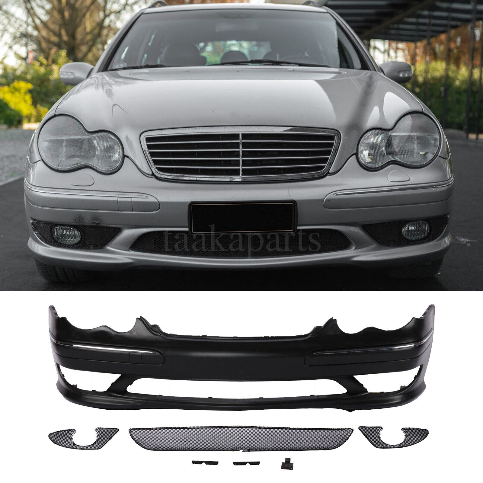 AMG Style Front Bumper Cover W/ Aluminium Lower Grille for Benz W203 2001-2007