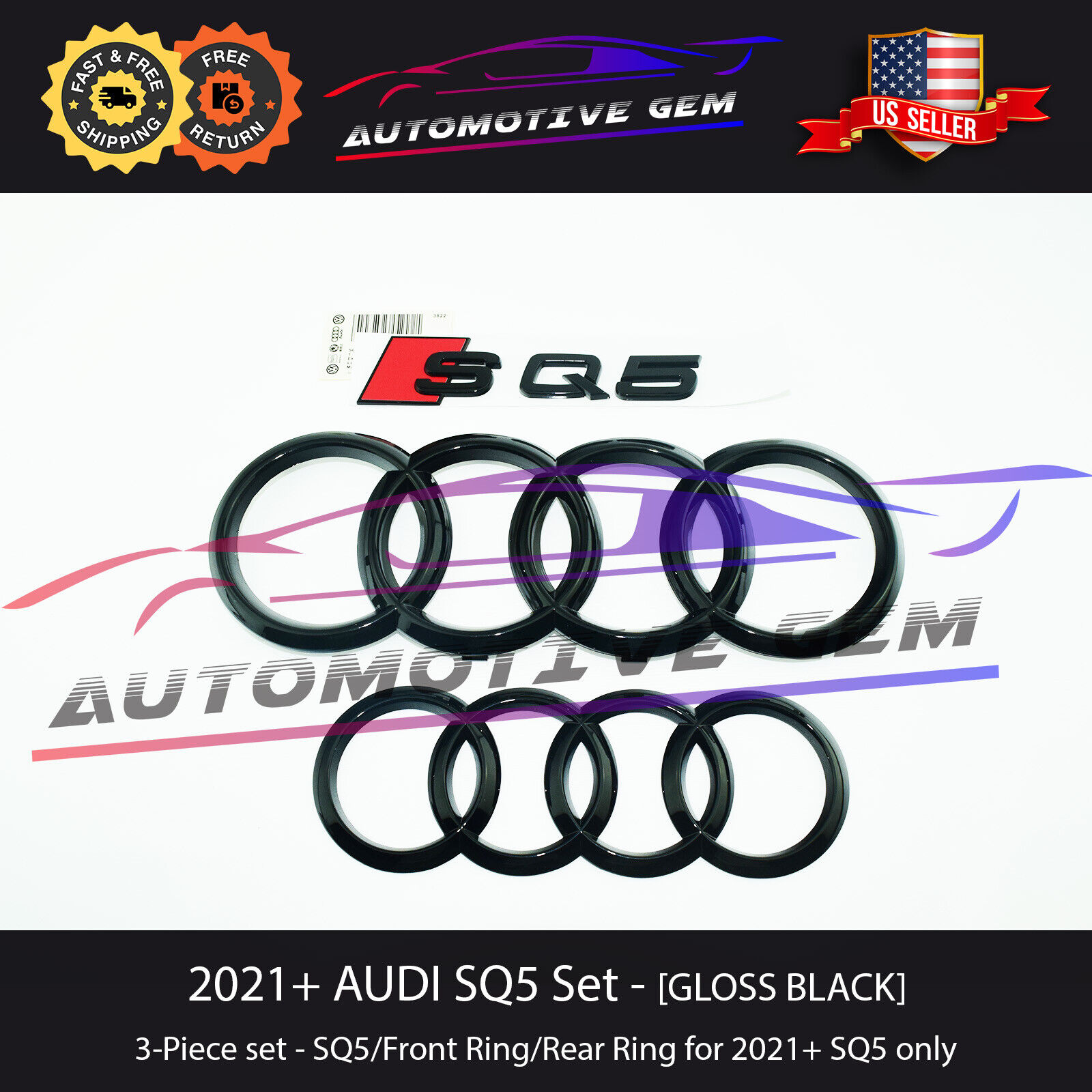 Audi SQ5 Rings GLOSS BLACK Emblem Front Grille Rear Trunk Badge OEM Set 2021+