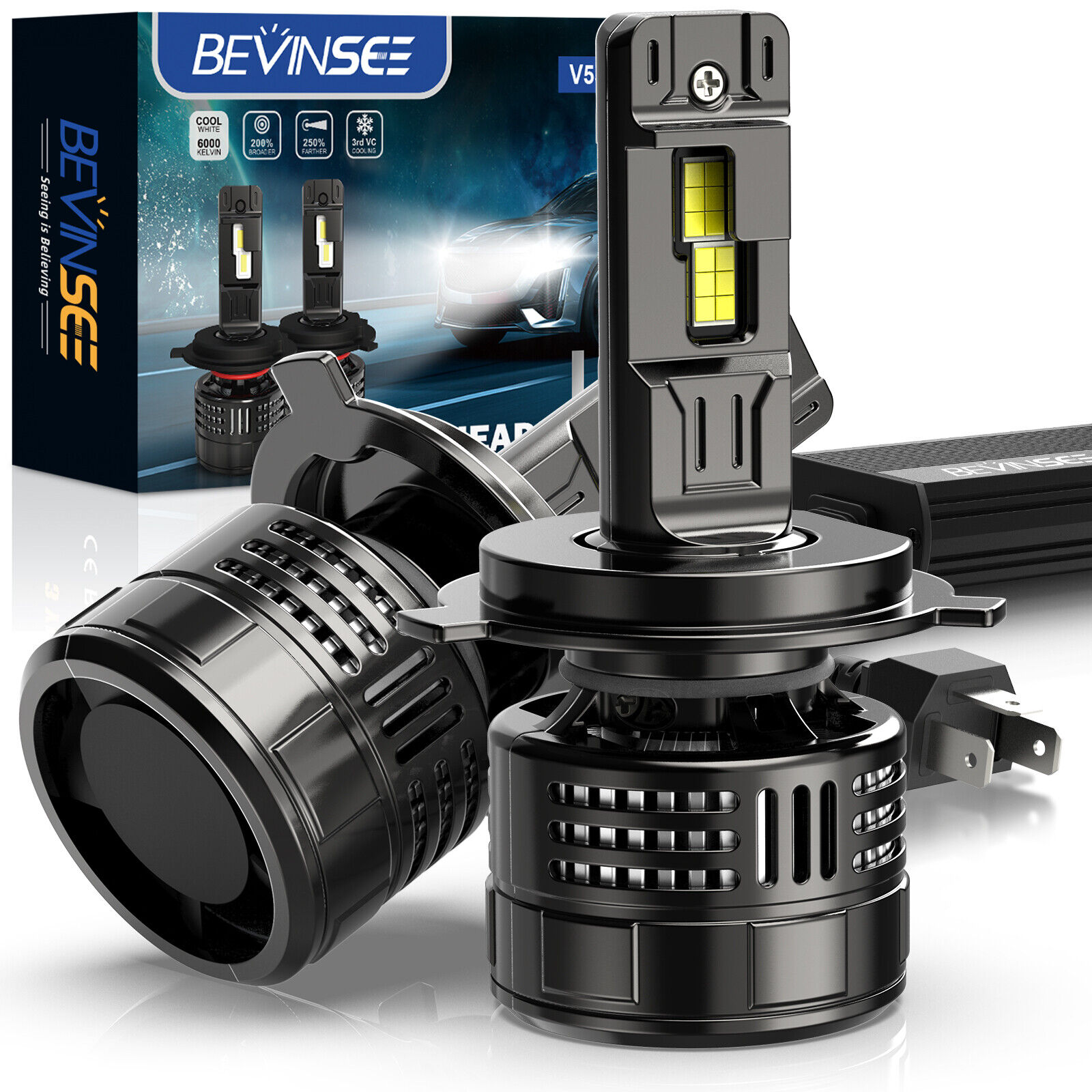 Bevinsee V55 H4 LED Headlight Bulbs Error Free 150W  Bright White 40000lm Hi/Low