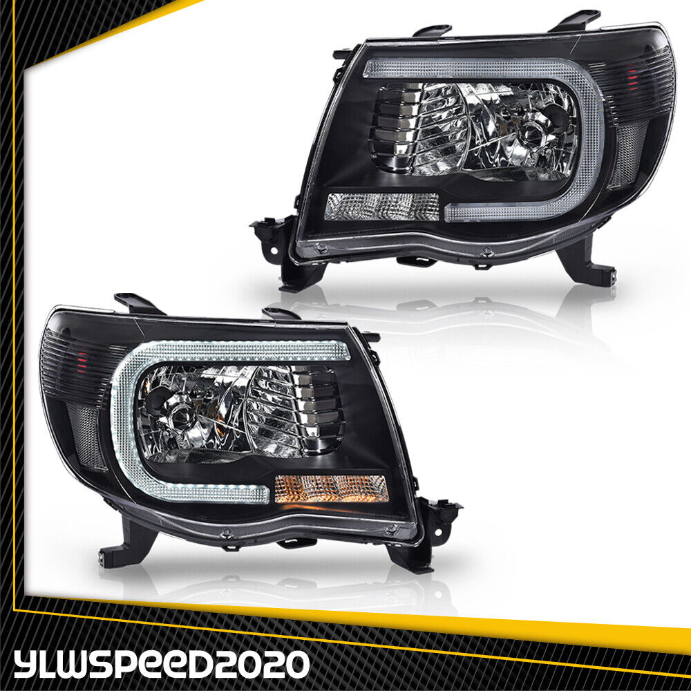 Fit For 2005-11 Toyota Tacoma Pair Clear Black LED Tube DRL Projector Headlights