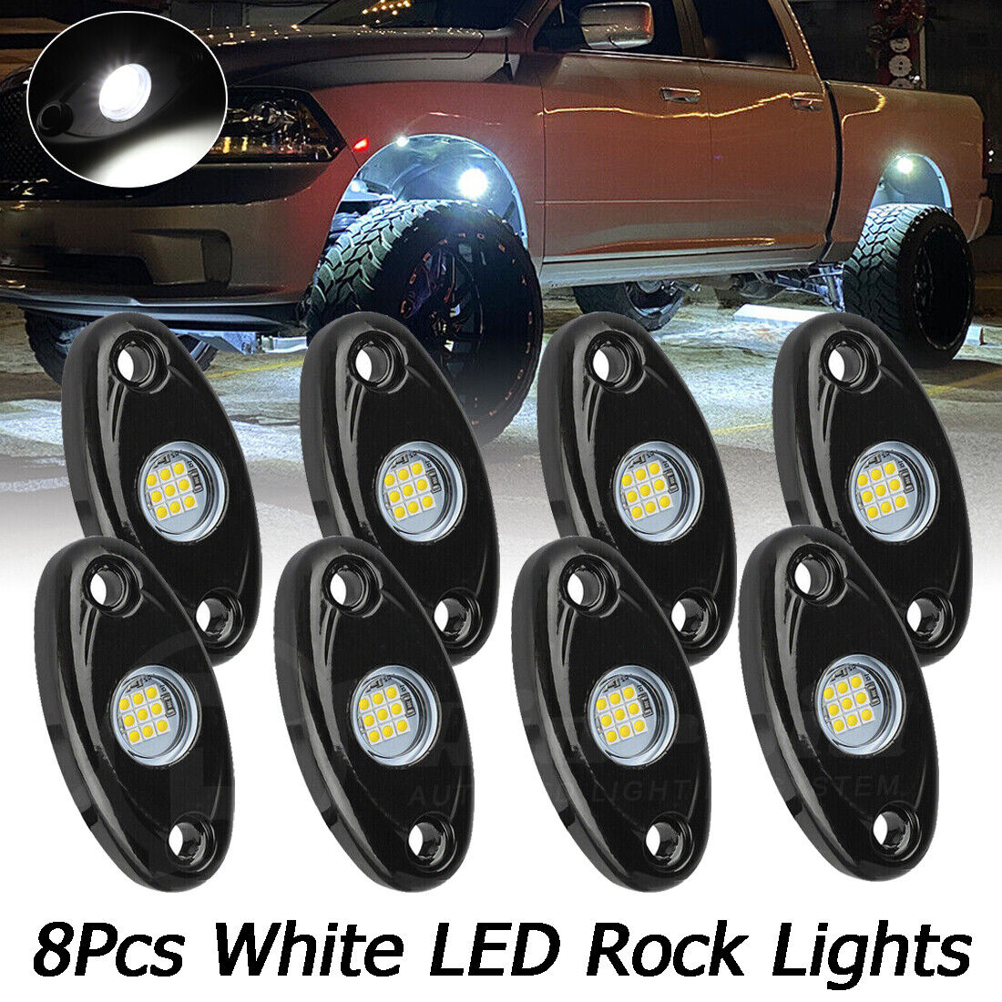 8X White LED Rock Lights Underbody Trail Rig Glow Lamp Offroad SUV Pickup Truck