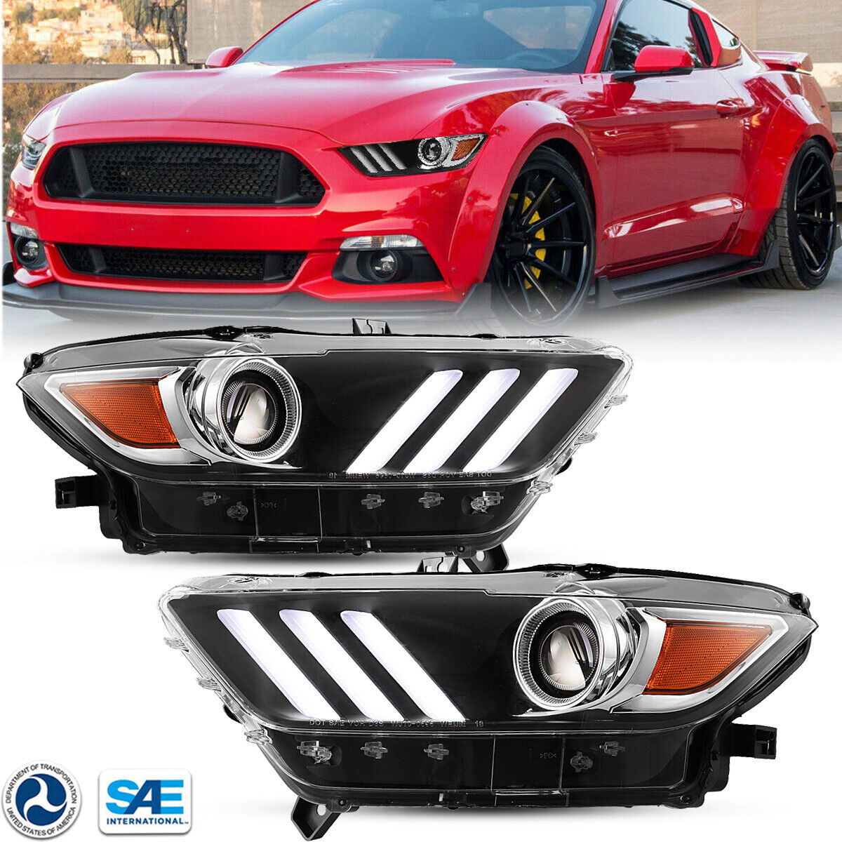 For 2015 2016 2017 Ford Mustang Projector Headlights HID Xenon Lamp LED DRL Pair
