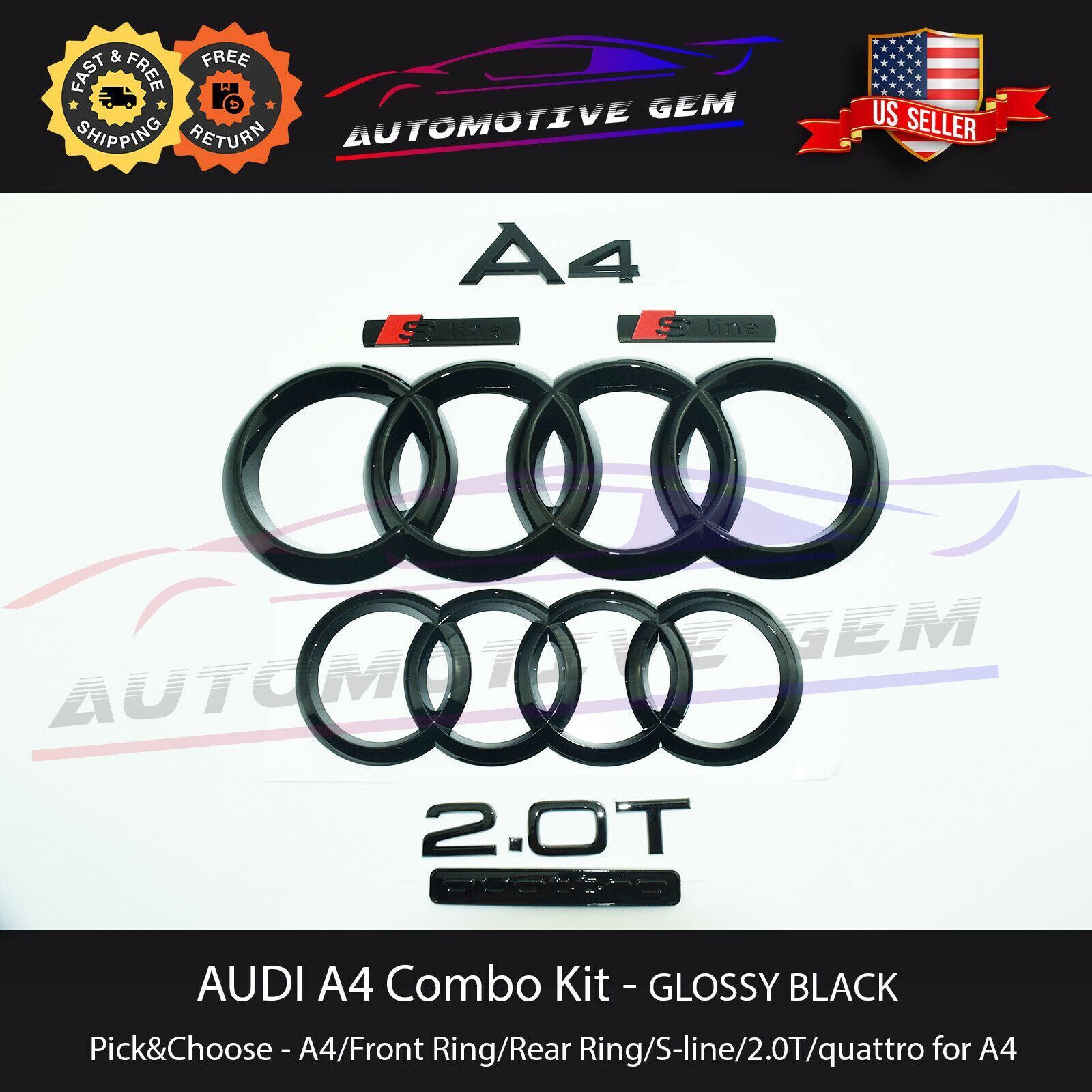 AUDI A4 Emblem GLOSS BLACK Grille Trunk Ring Quattro 2.0T S Line Kit 2008-2019