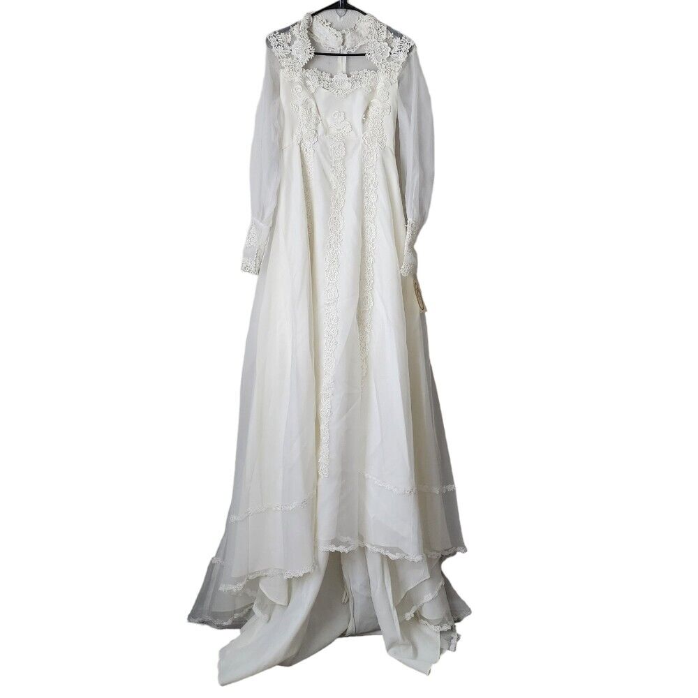 BRIDAL ORIGINALS x VINTAGE 80s Long sleeve square neckline white dress 10 NEW