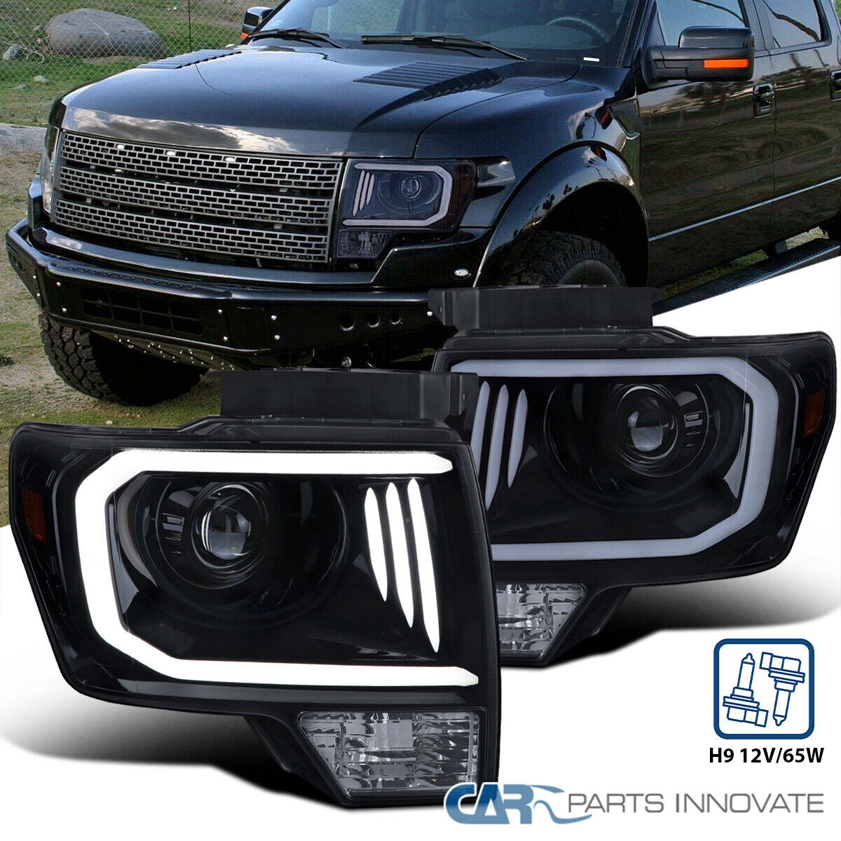Fits 09-14 Ford F150 Pickup Glossy Black Projector Headlights Lamps w/ LED Strip