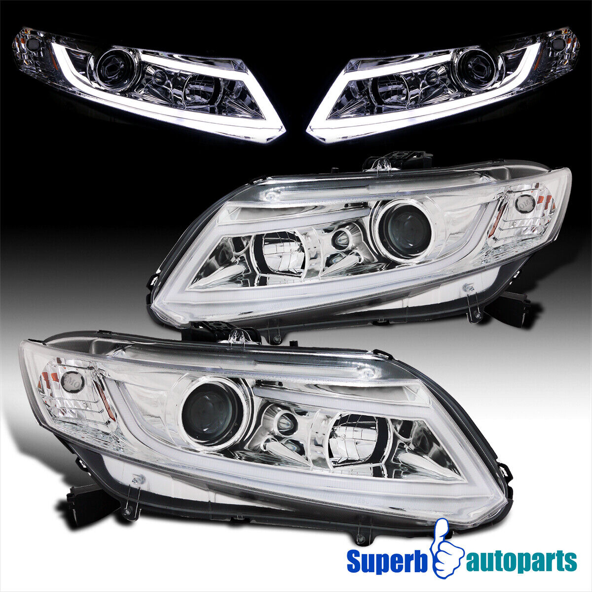 Fits 2012-2015 Honda 12-15 Civic 2 4Dr Projector Headlights New LED Strip Lights