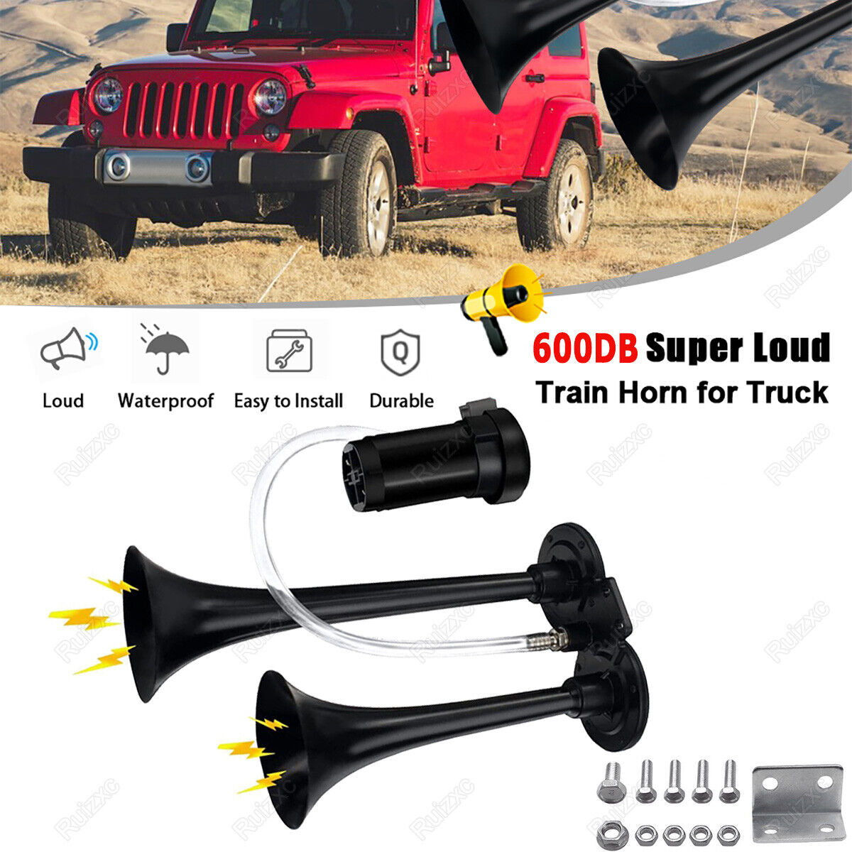 Super Loud Train Electric Air Horn 600DB Dual Trumpets Car Truck Boat Speaker US