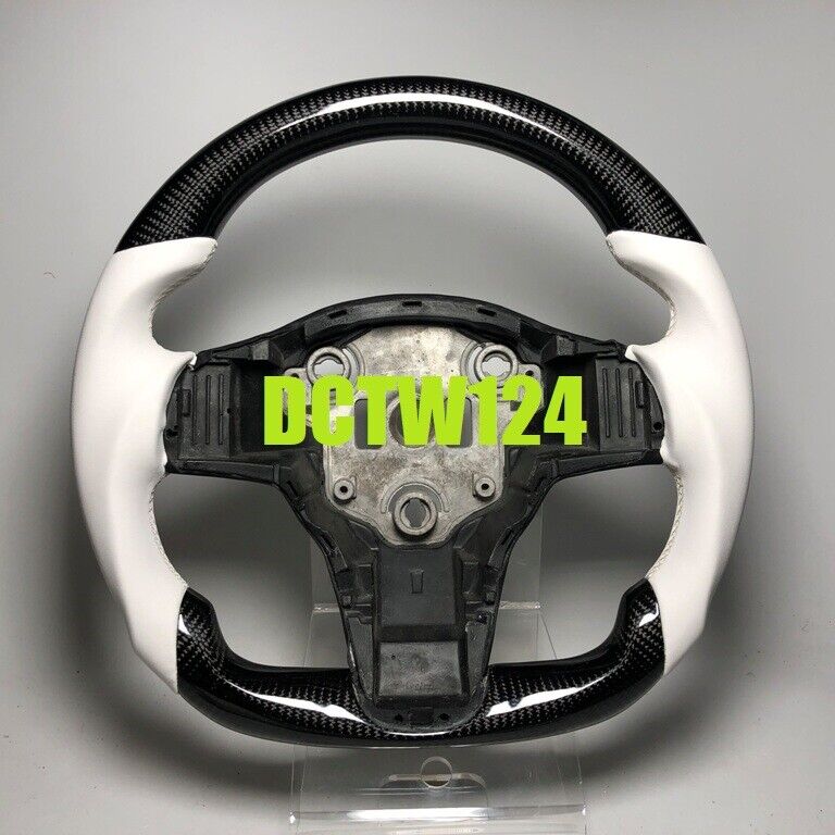 Sportive Flat bottom carbon White Leather steering wheel Tesla Model 3 Model Y