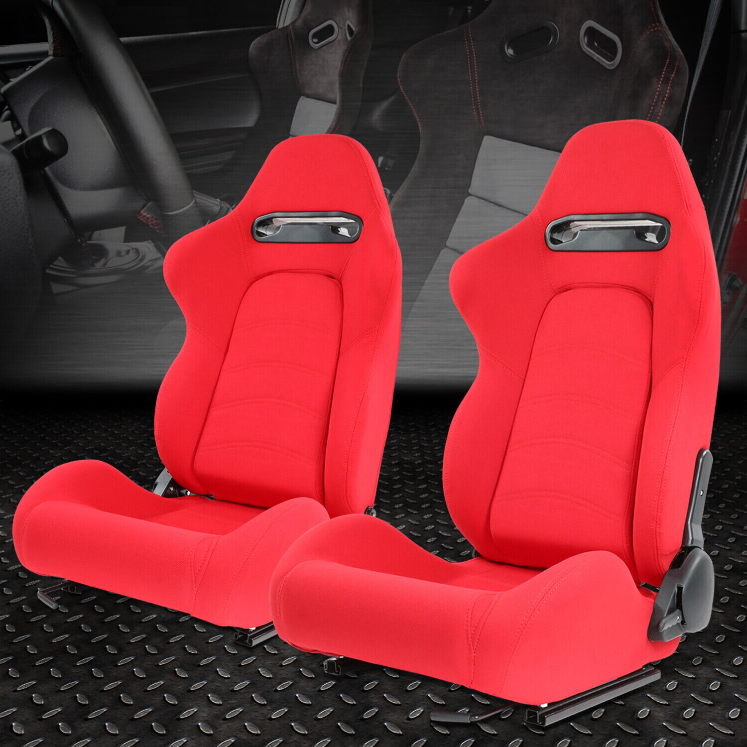 Pair Universal Red Woven Fabric Reclinable Racing Seats w/ Bottom Mount Sliders