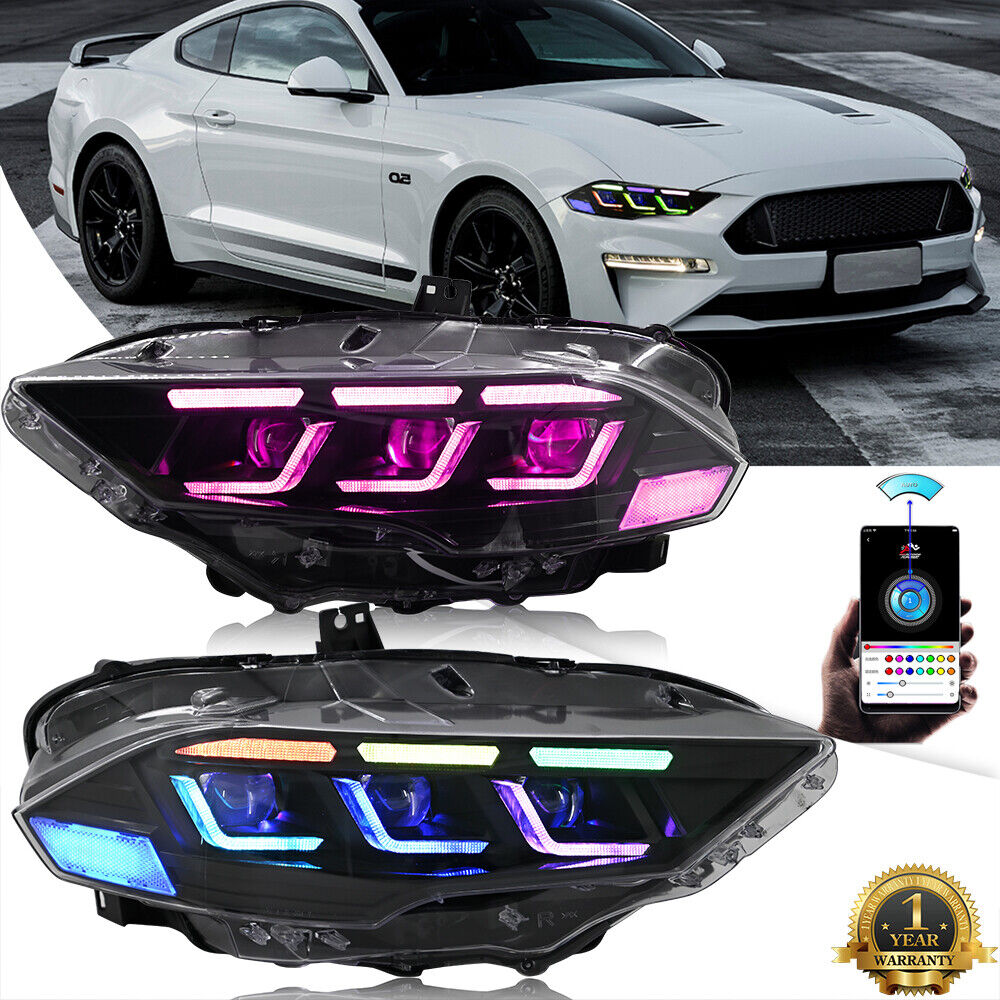 Pair RGB LED Headlights For Ford Mustang 2018-2023 Head Front Lamps Assembly