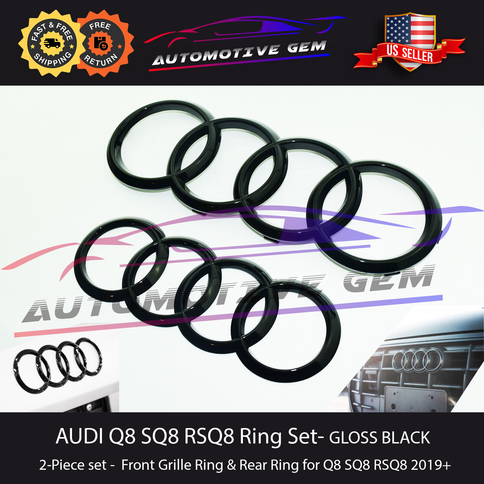 AUDI Q8 Ring GLOSS BLACK Front Grille & Trunk Rear Emblem Logo Badge SQ8 RSQ8